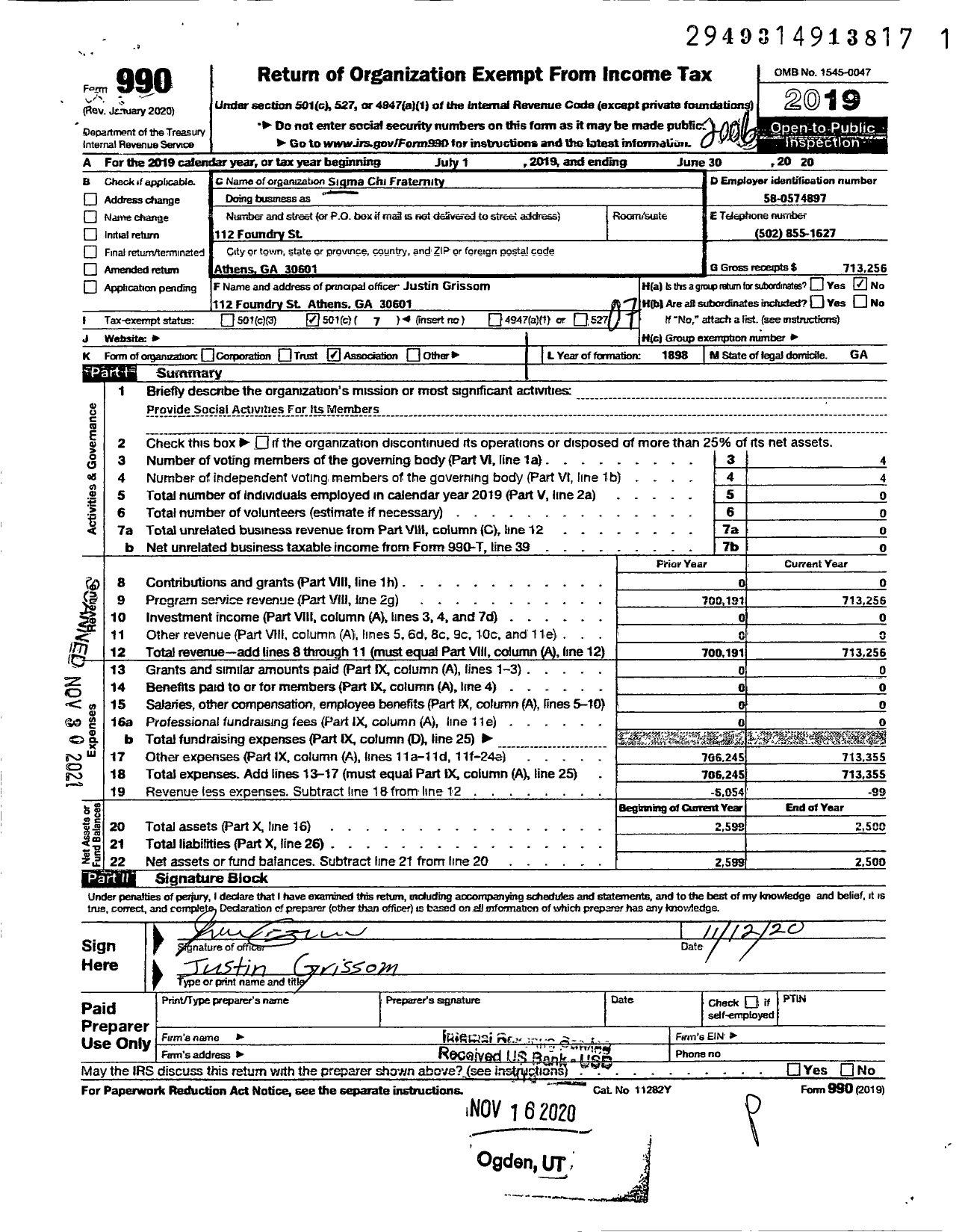 Image of first page of 2019 Form 990O for Sigma Chi Fraternity - Delta Chapter Univ of Georgia