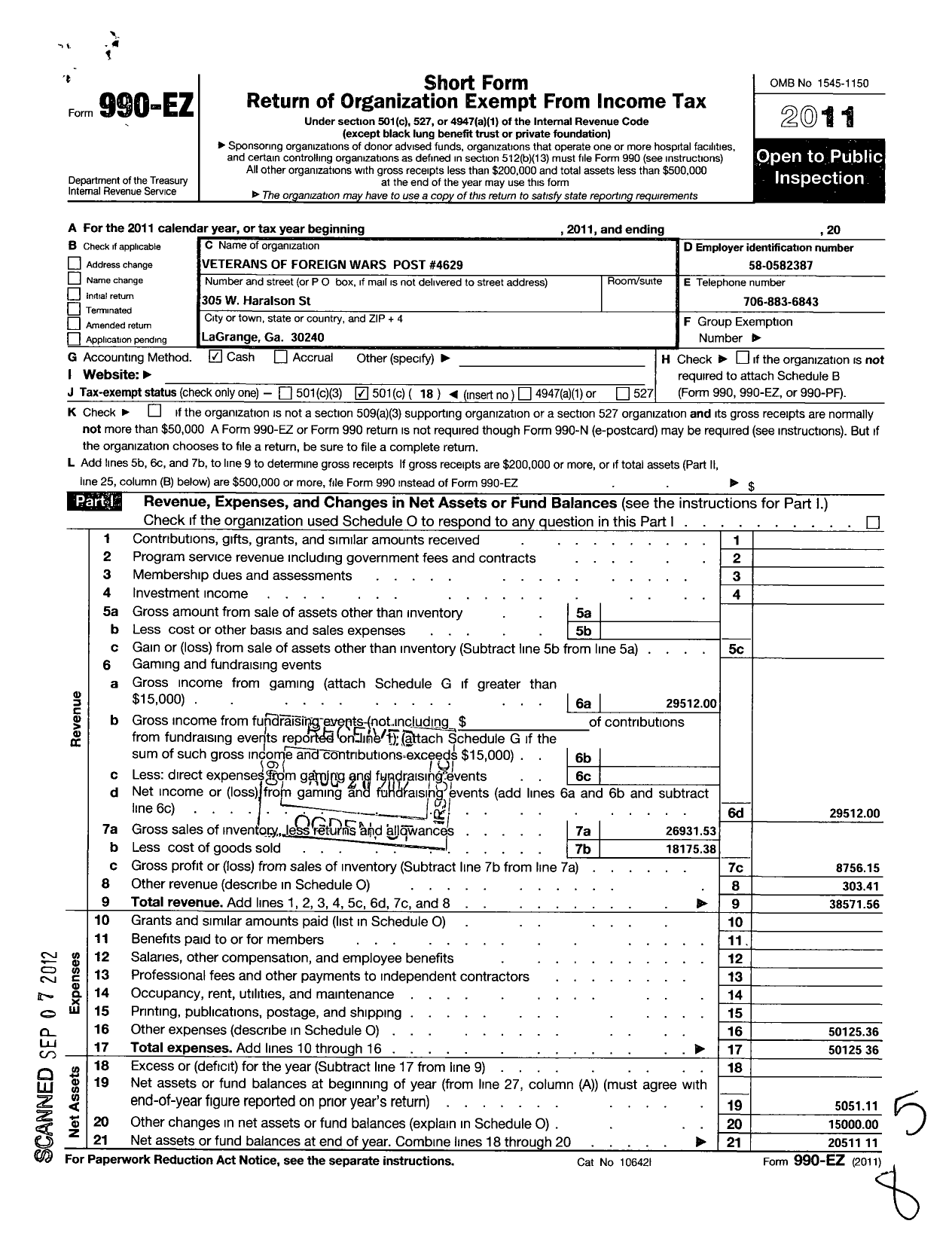 Image of first page of 2011 Form 990EO for Veterans of Foreign Wars of the United States Dept of Georgia - 4629 Post