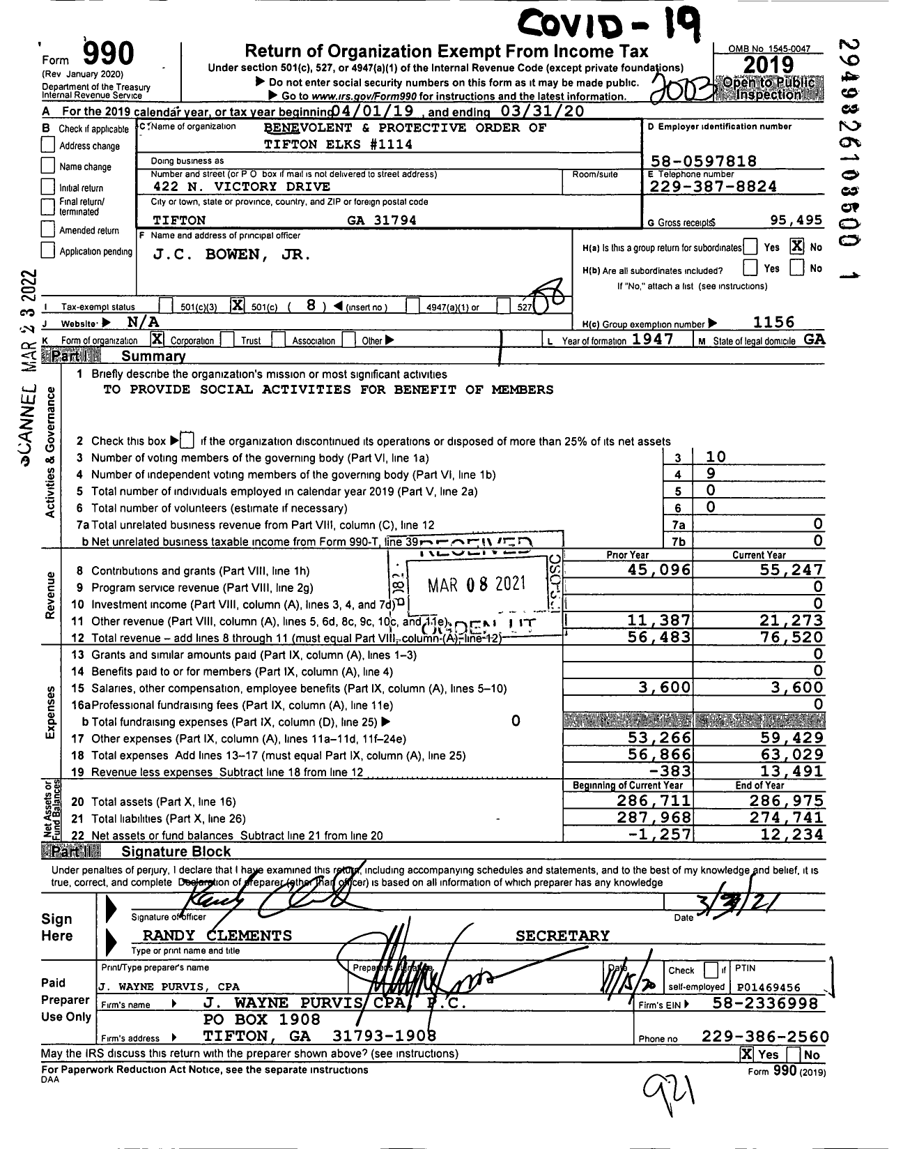 Image of first page of 2019 Form 990O for Benevolent and Protective Order of Elks - 1114 Tifton