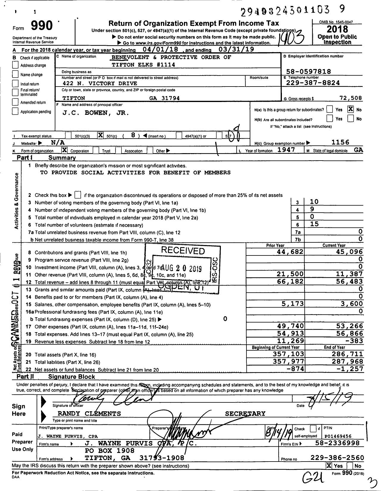 Image of first page of 2018 Form 990O for Benevolent and Protective Order of Elks - 1114 Tifton