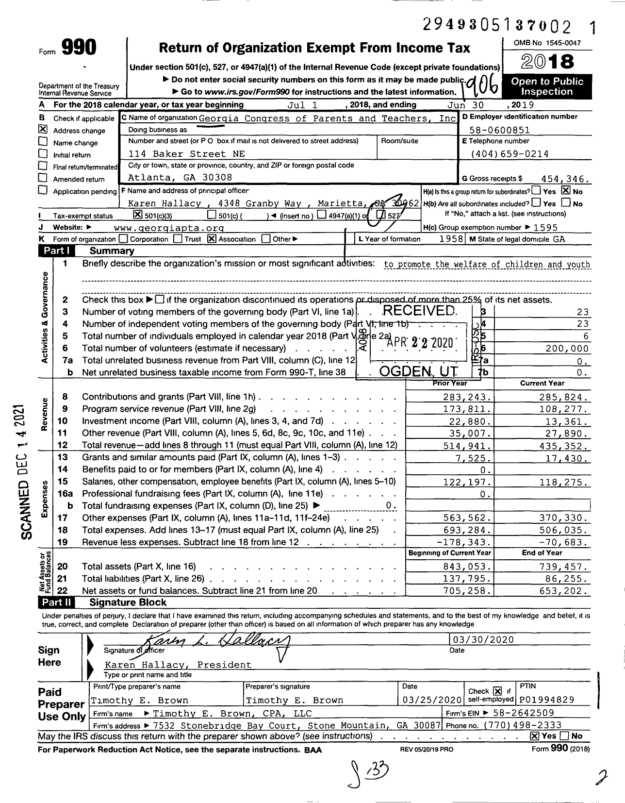 Image of first page of 2018 Form 990 for Georgia PTA