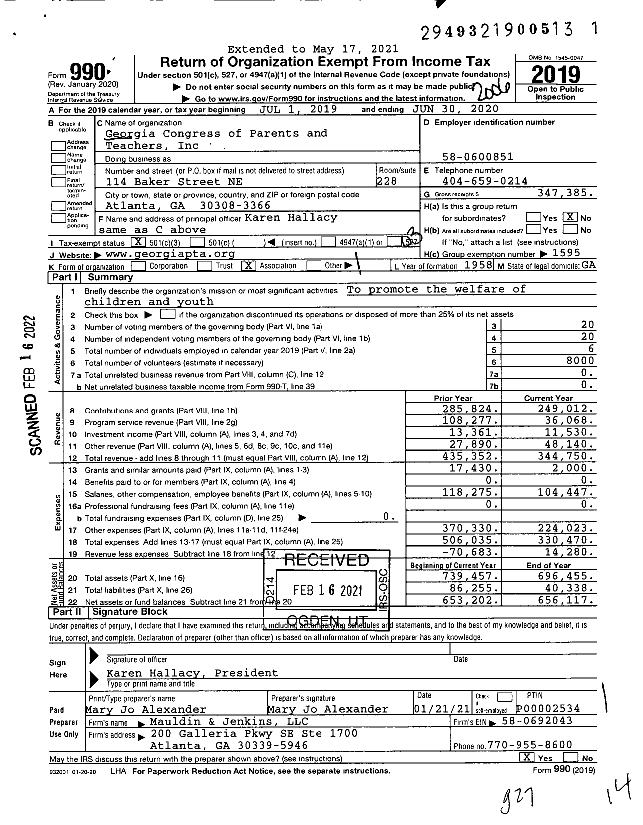 Image of first page of 2019 Form 990 for Georgia PTA