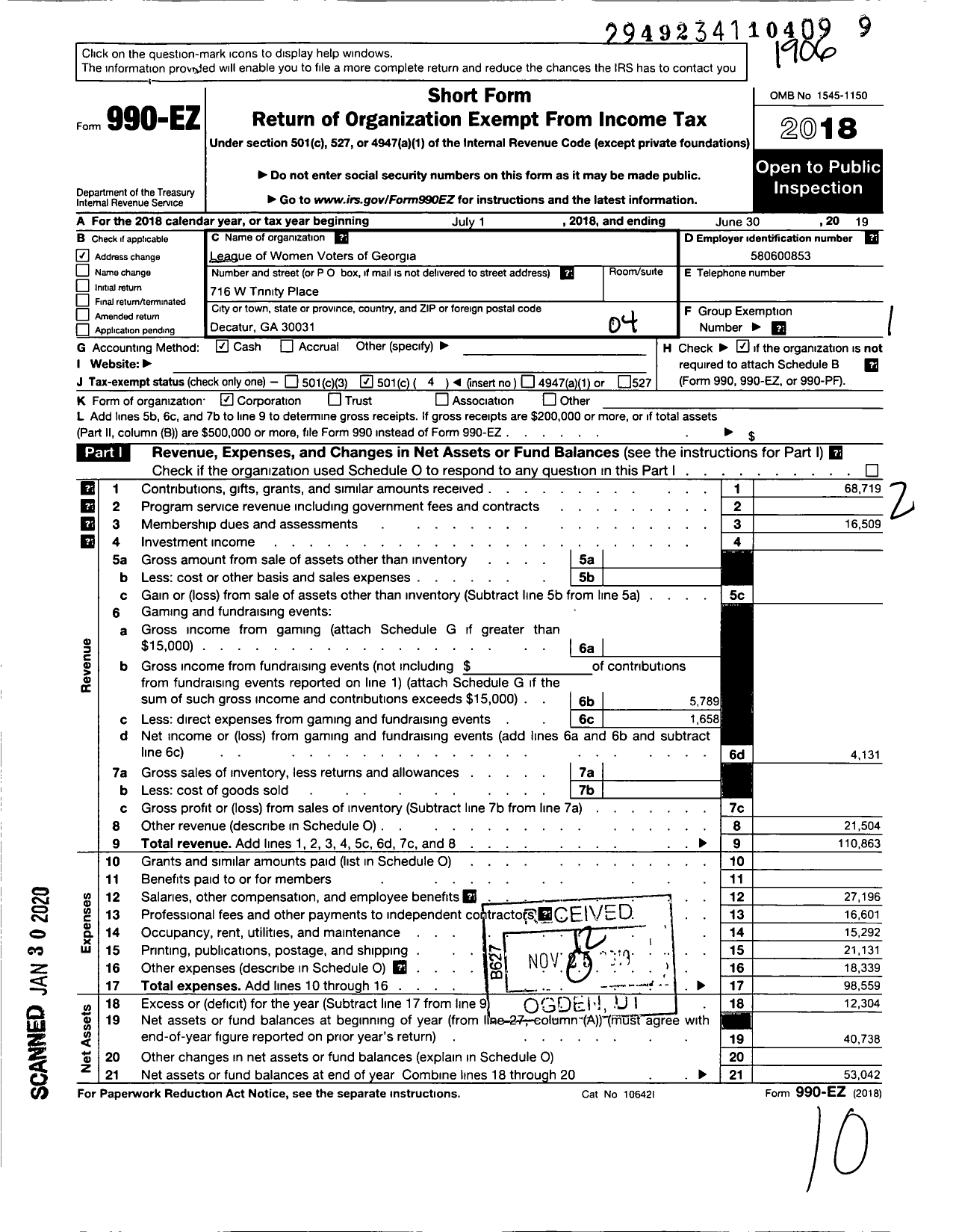 Image of first page of 2018 Form 990EO for League of Women Voters of Georgia