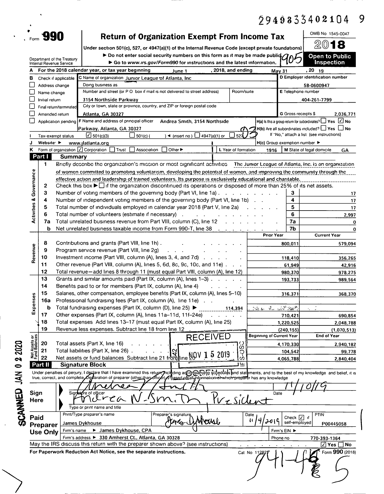 Image of first page of 2018 Form 990 for Junior League of Atlanta