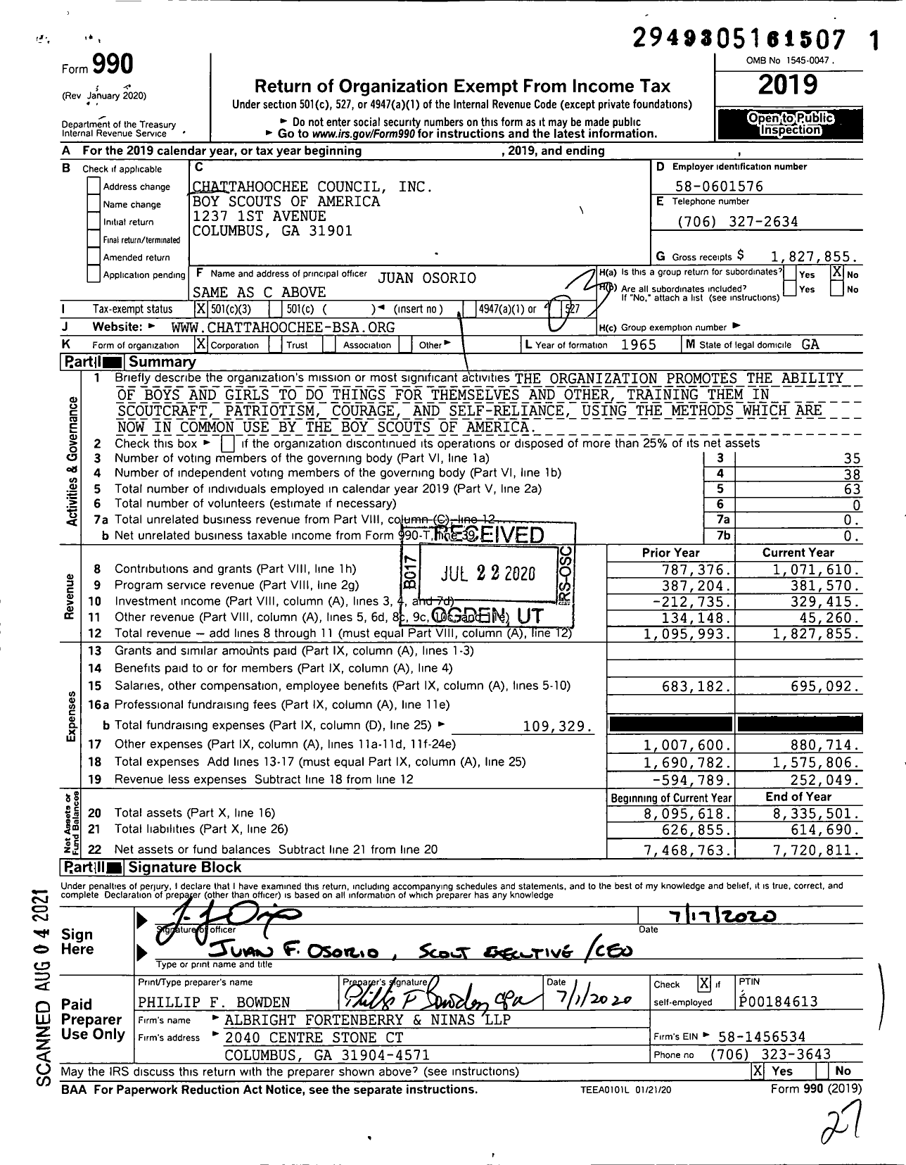 Image of first page of 2019 Form 990 for Boy Scouts of America - 91 Chattahoochee Council