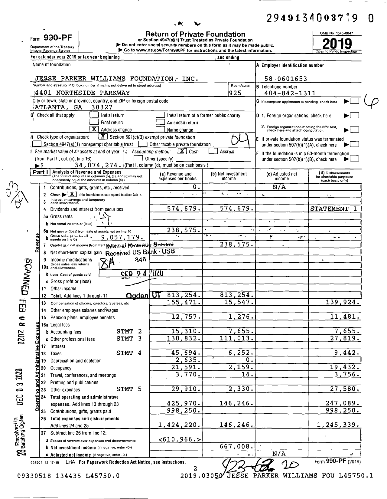 Image of first page of 2019 Form 990PF for Jesse Parker Williams Foundation