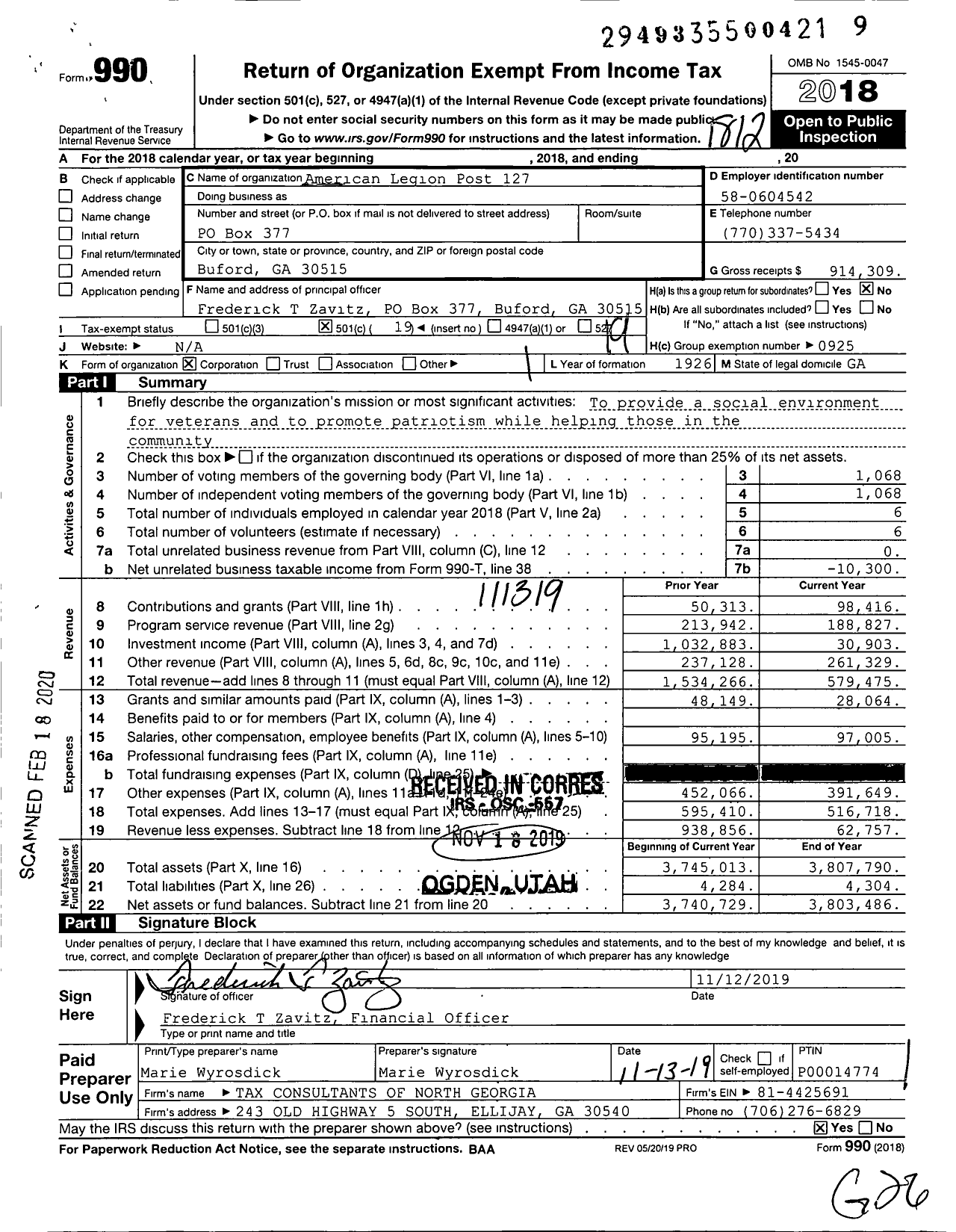 Image of first page of 2018 Form 990O for AMERICAN Legion - 0127 Buford