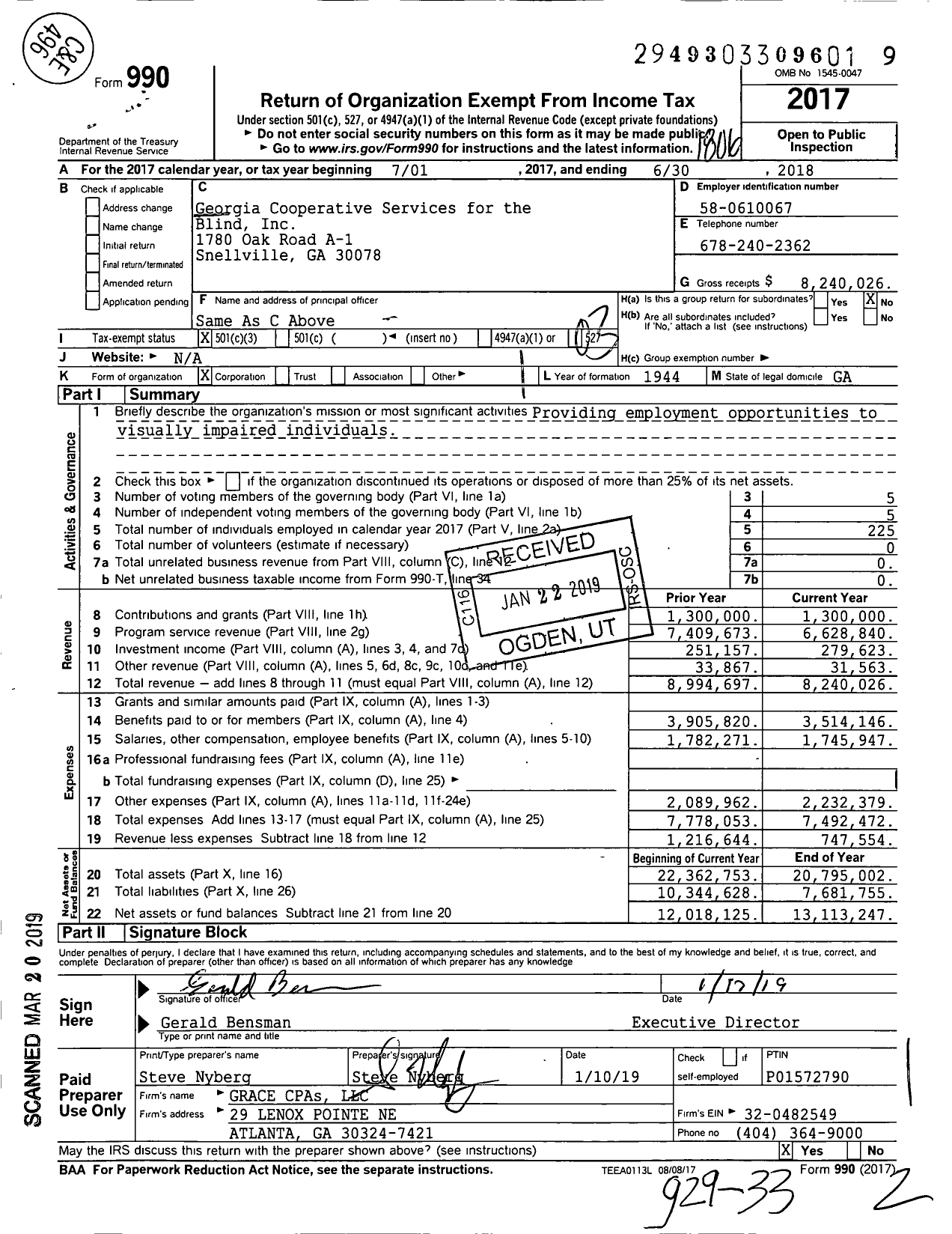 Image of first page of 2017 Form 990 for Georgia Cooperative Services for the Blind