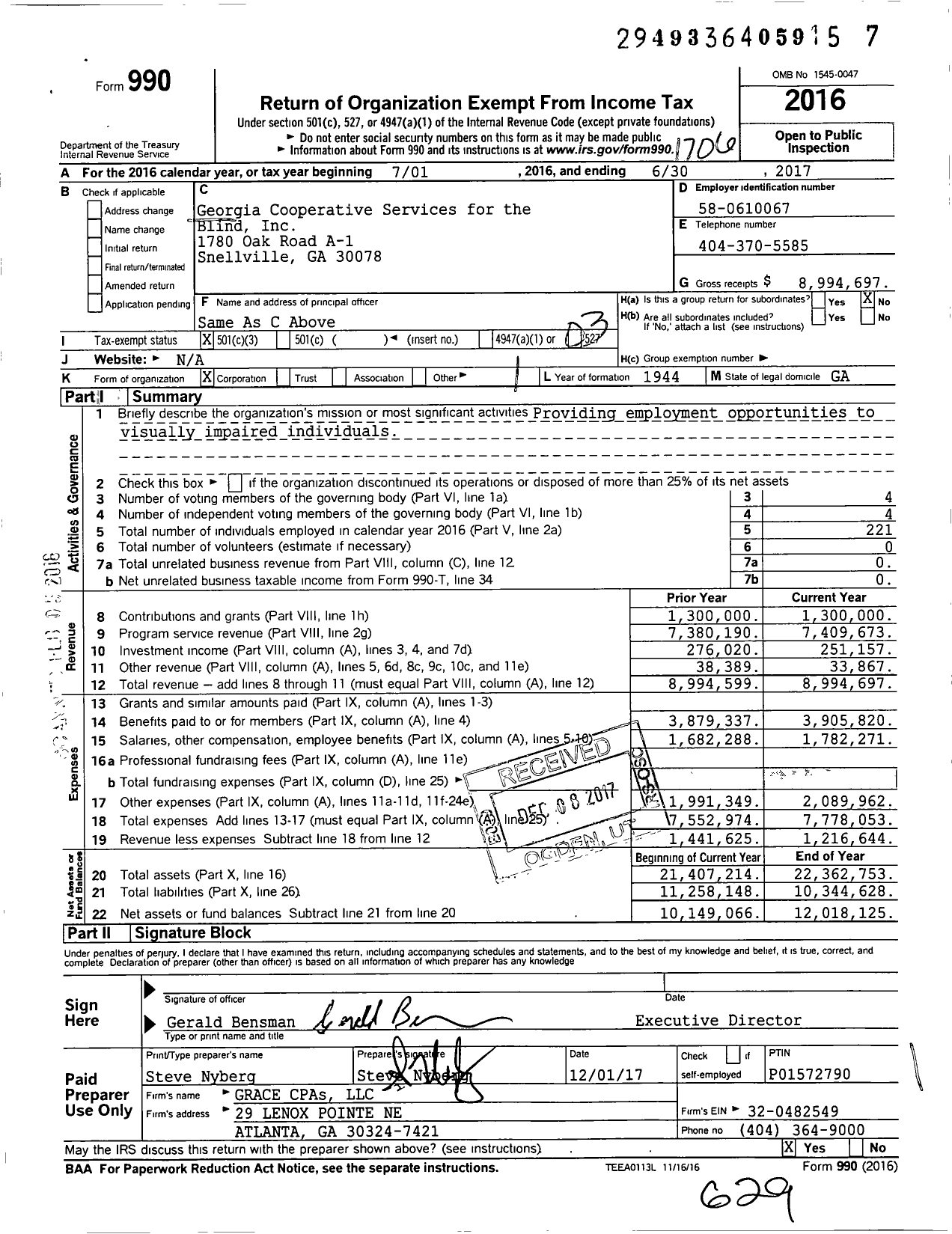 Image of first page of 2016 Form 990 for Georgia Cooperative Services for the Blind