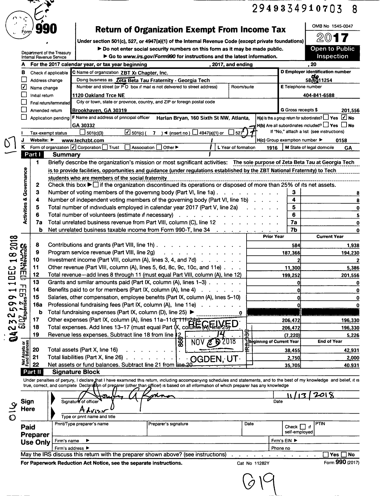 Image of first page of 2017 Form 990O for Zeta Beta Tau FRATERNITY