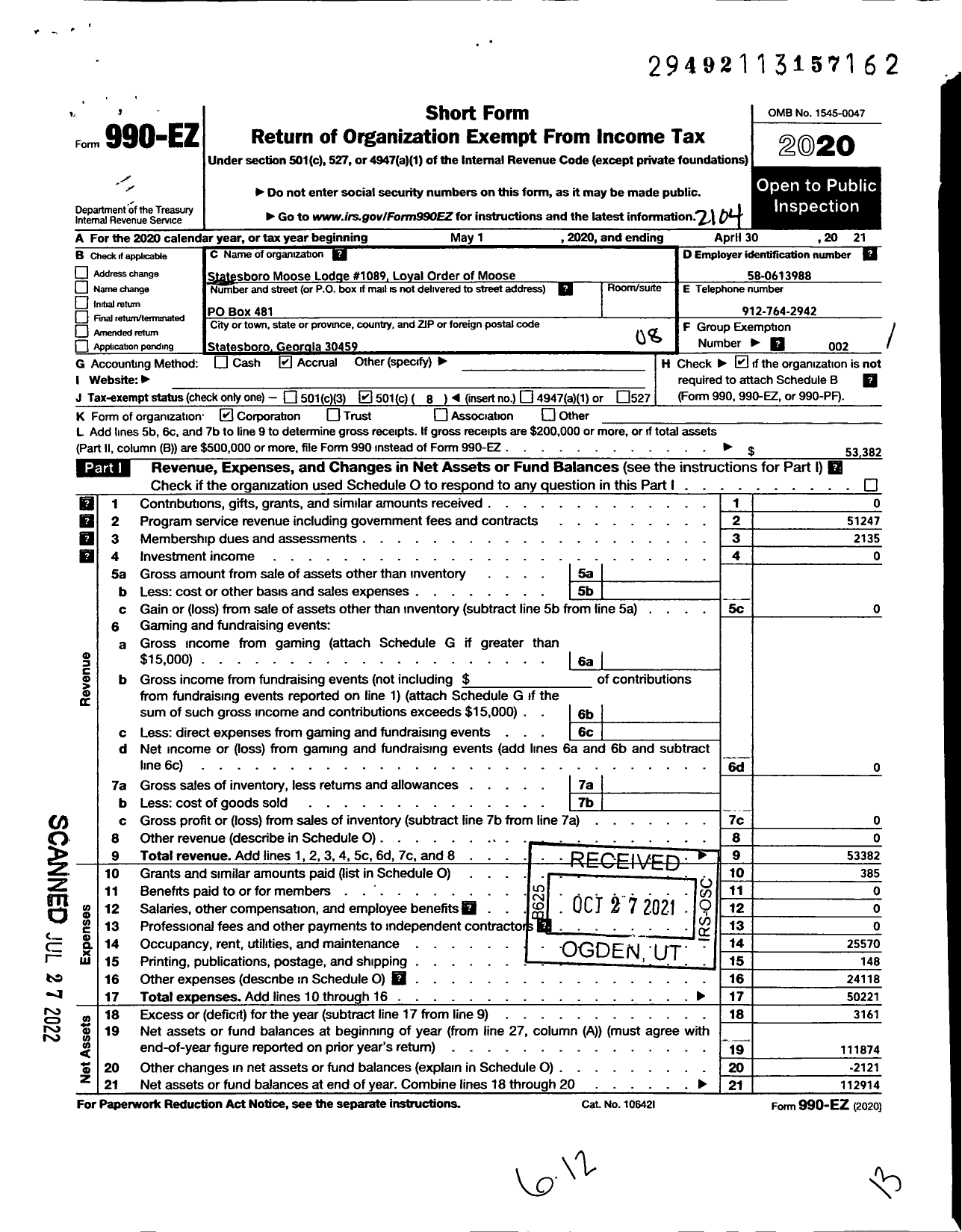 Image of first page of 2020 Form 990EO for Loyal Order of Moose - 1089