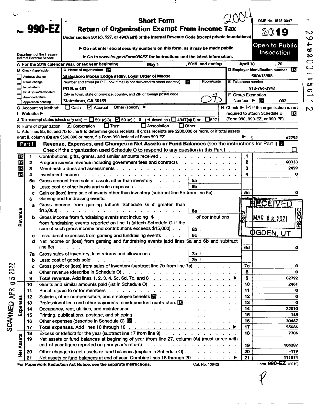 Image of first page of 2019 Form 990EO for Loyal Order of Moose - 1089