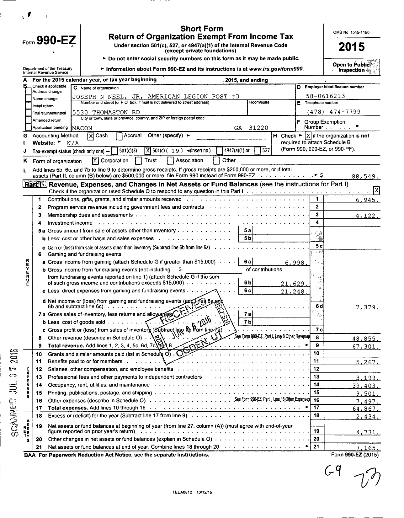 Image of first page of 2015 Form 990EO for American Legion - 3 Joseph N Neel Jr