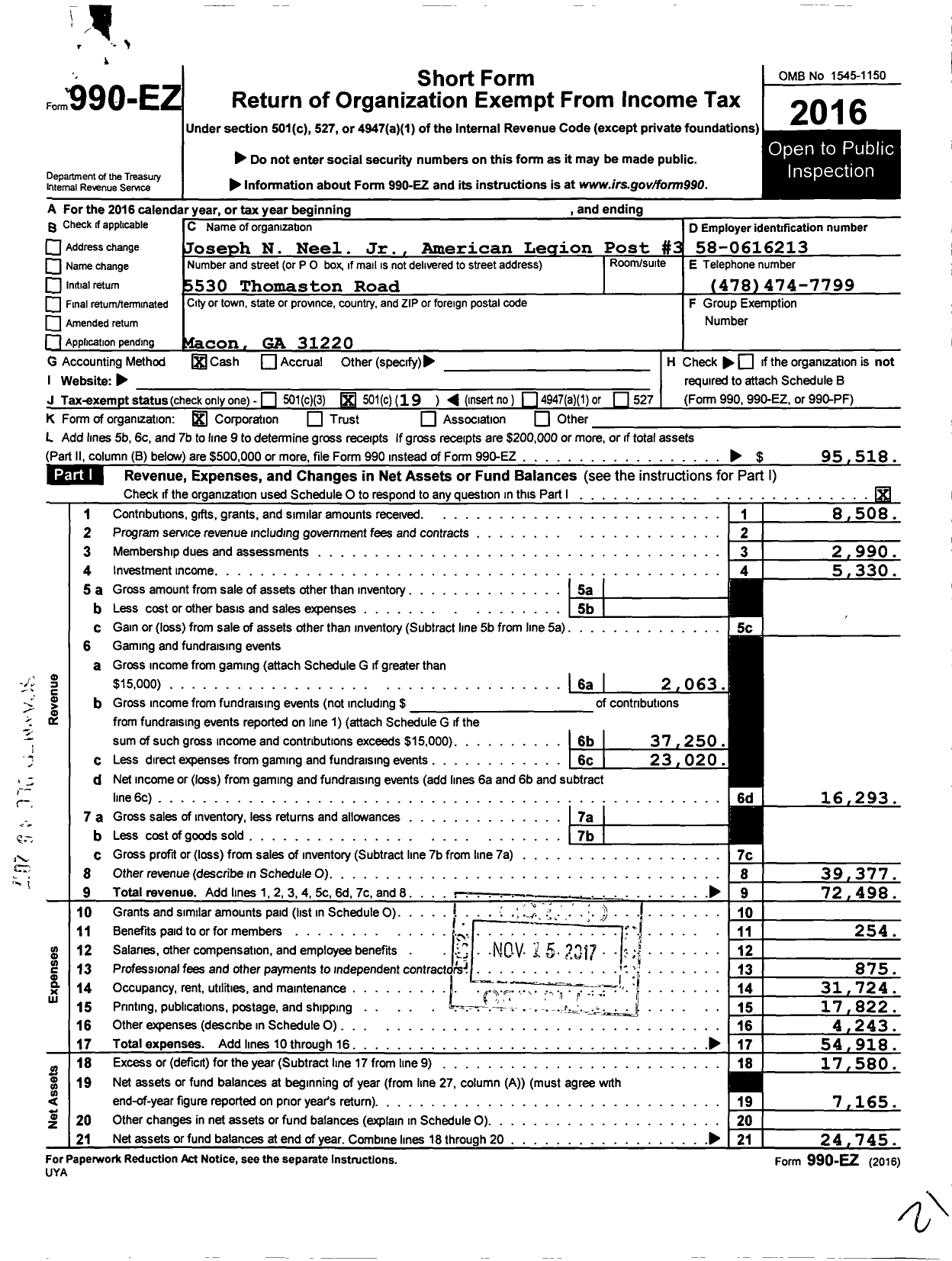 Image of first page of 2016 Form 990EO for American Legion - 3 Joseph N Neel Jr