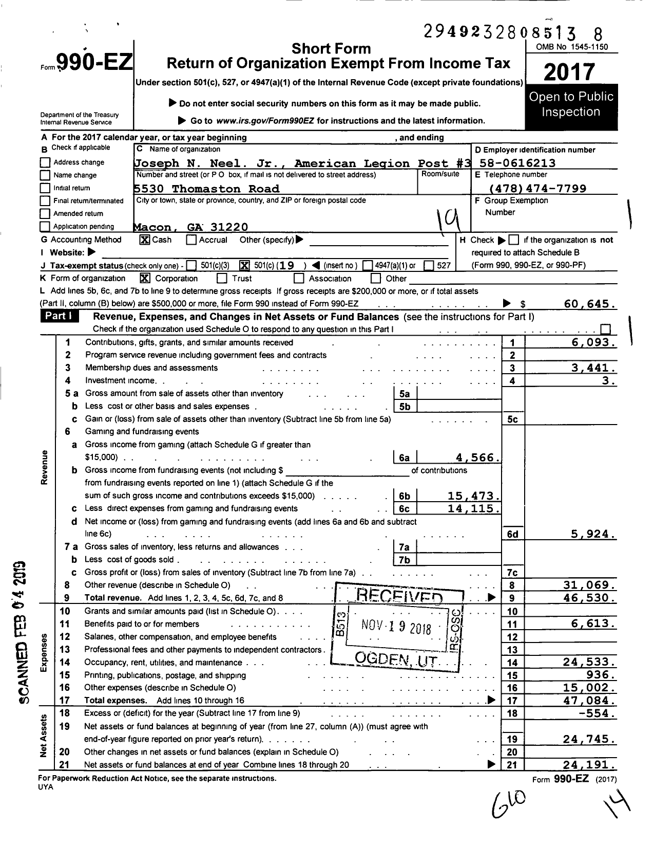 Image of first page of 2017 Form 990EO for American Legion - 3 Joseph N Neel Jr