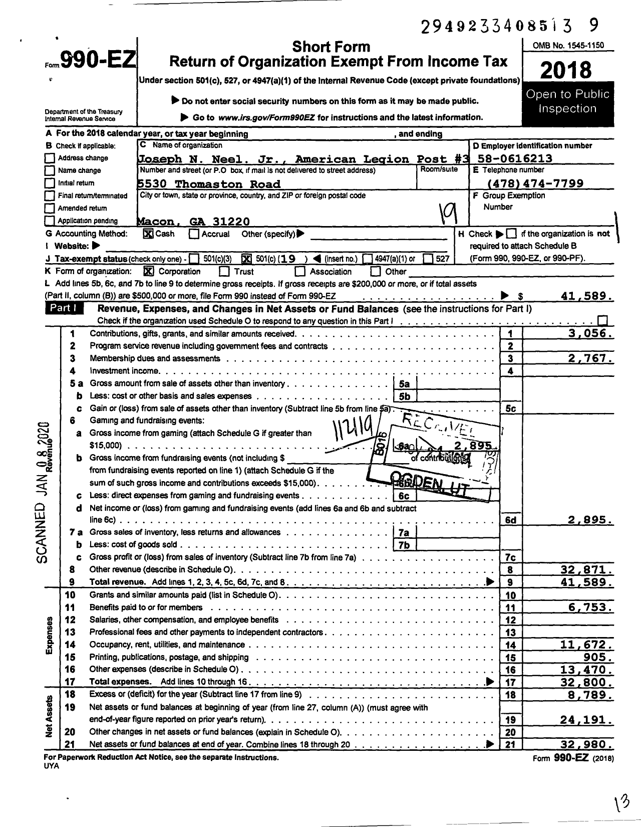 Image of first page of 2018 Form 990EO for American Legion - 3 Joseph N Neel Jr