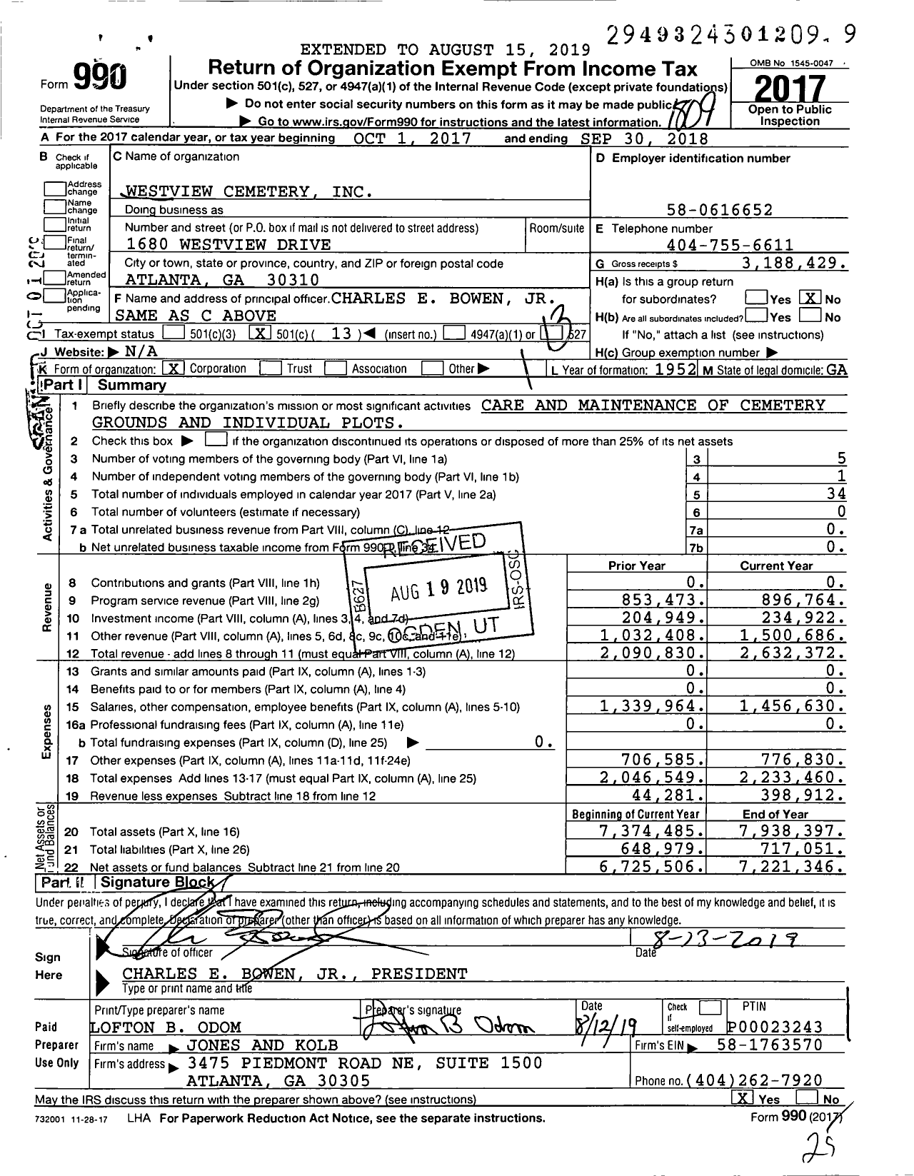Image of first page of 2017 Form 990O for Westview Cemetery