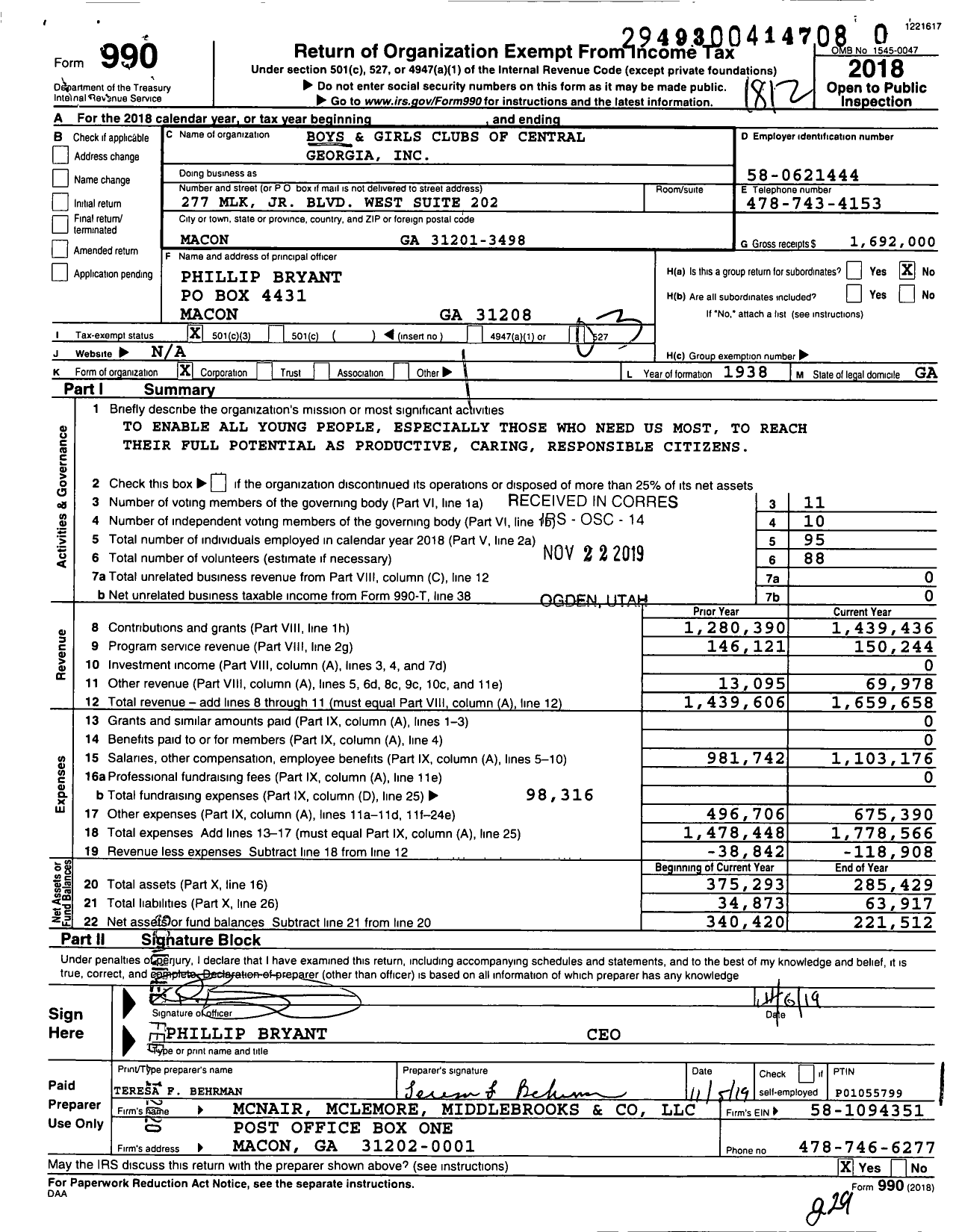 Image of first page of 2018 Form 990 for Boys and Girls Clubs of Central Georgia