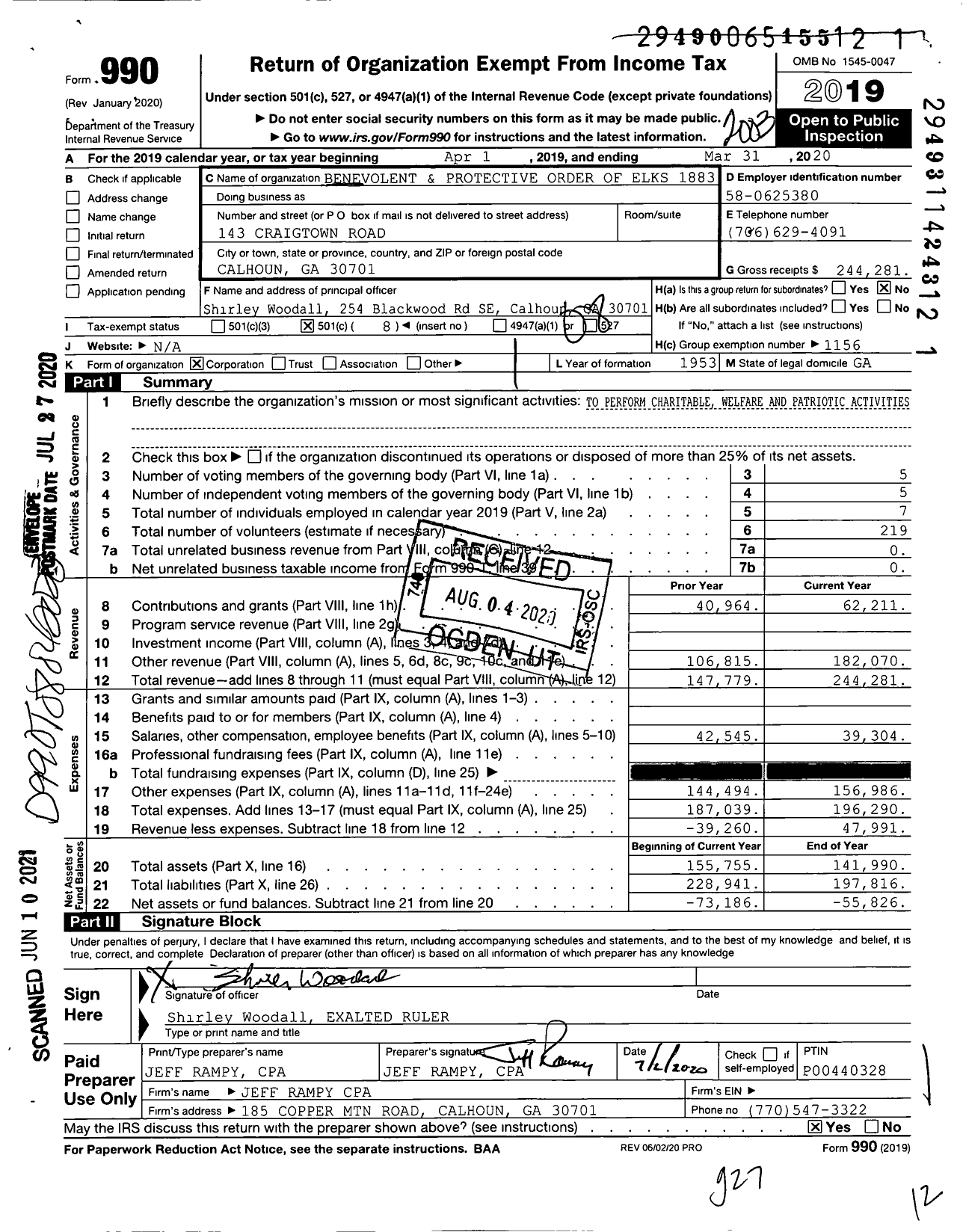 Image of first page of 2019 Form 990O for Benevolent and Protective Order of Elks - 1883 Calhoun