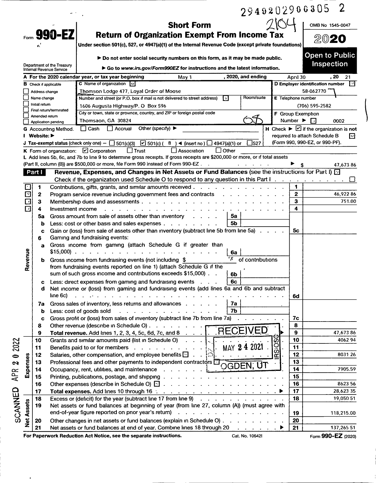 Image of first page of 2020 Form 990EO for Loyal Order of Moose - 477