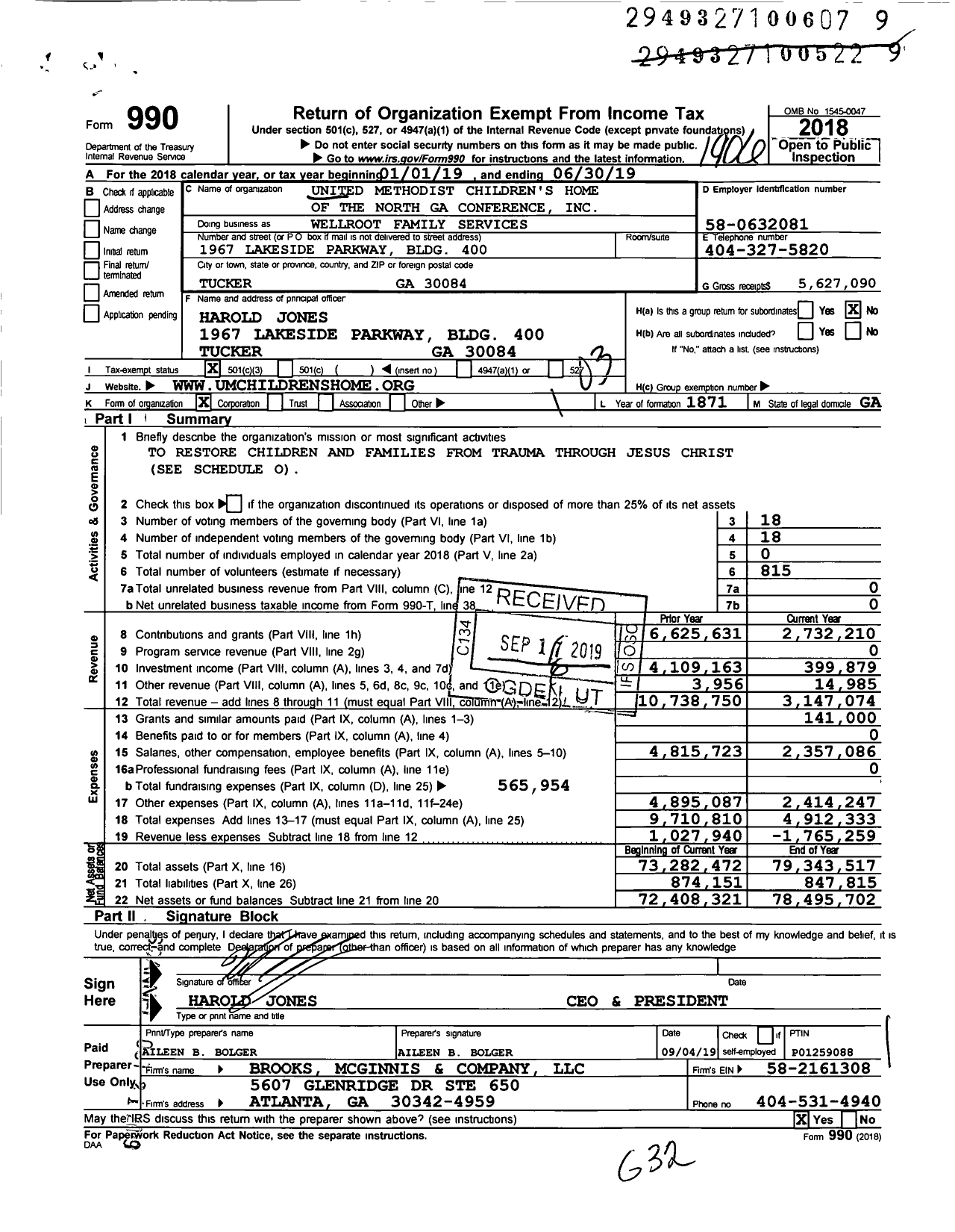 Image of first page of 2018 Form 990 for Wellroot Family Services