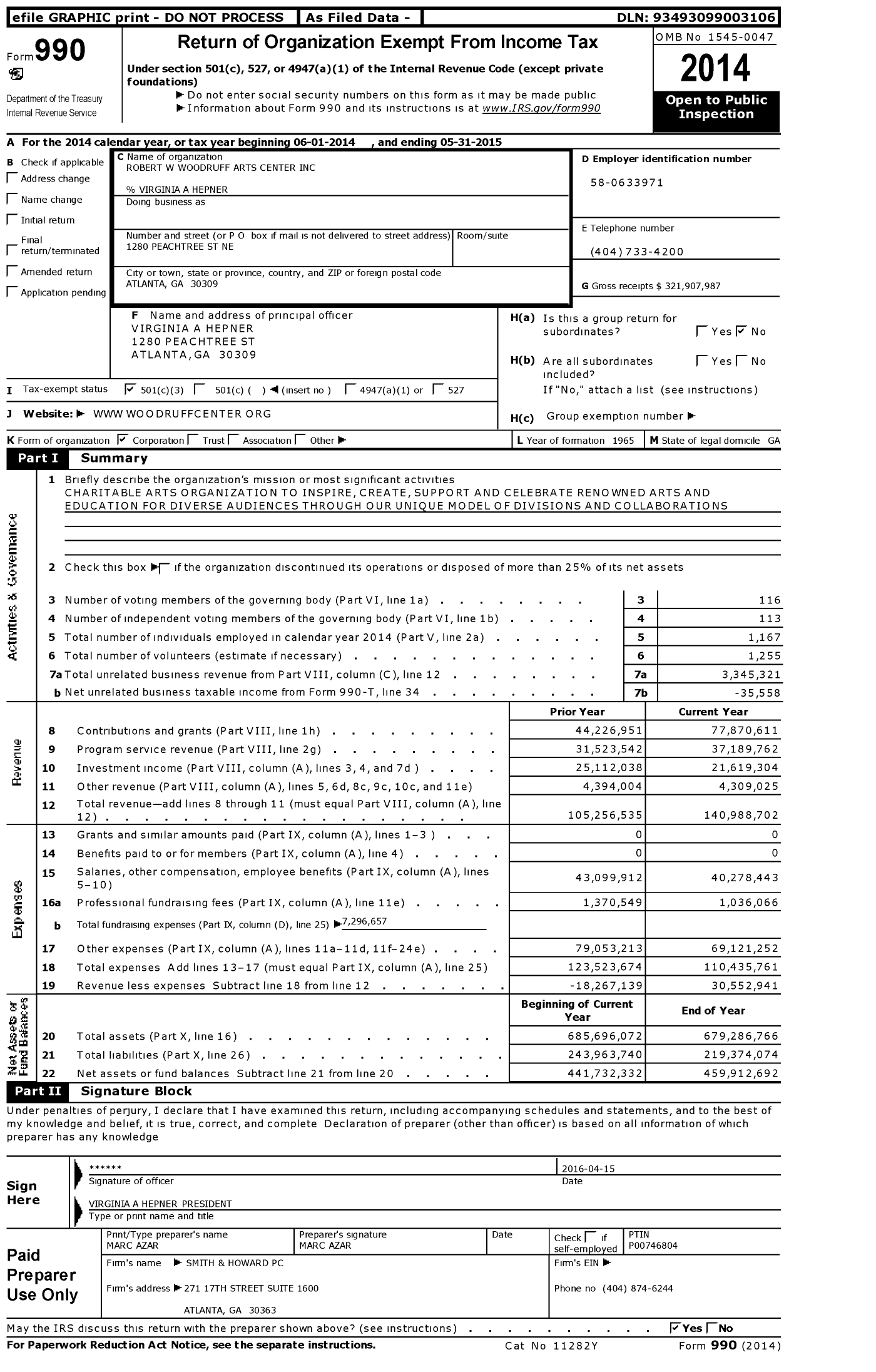 Image of first page of 2014 Form 990 for Robert W Woodruff Arts Center