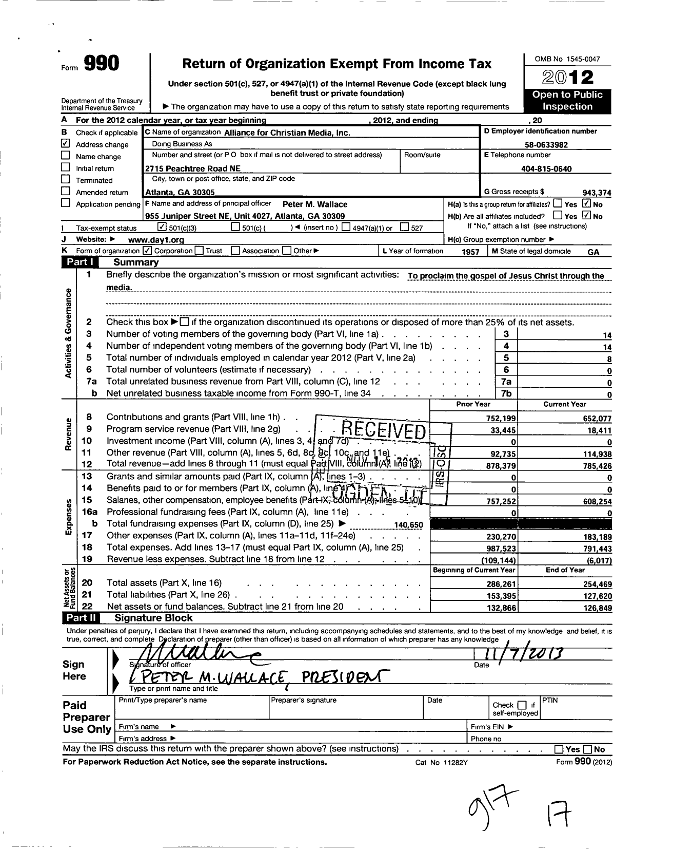 Image of first page of 2012 Form 990 for Alliance for Christian Media