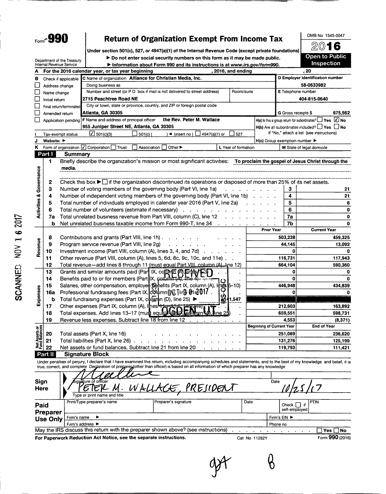 Image of first page of 2016 Form 990 for Alliance for Christian Media