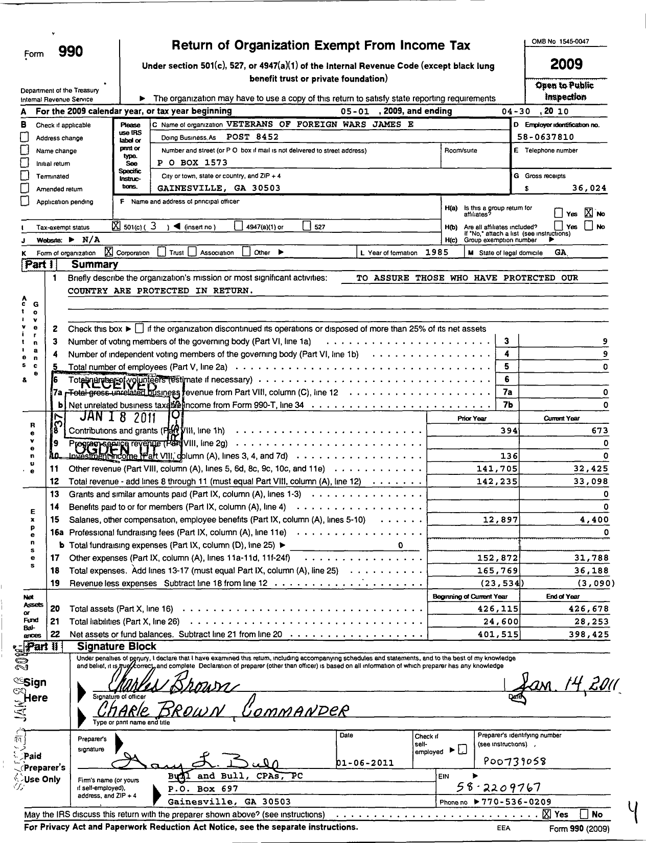 Image of first page of 2009 Form 990 for Veterans of Foreign Wars of the United States Dept of Georgia - 8452 James E Willis Post