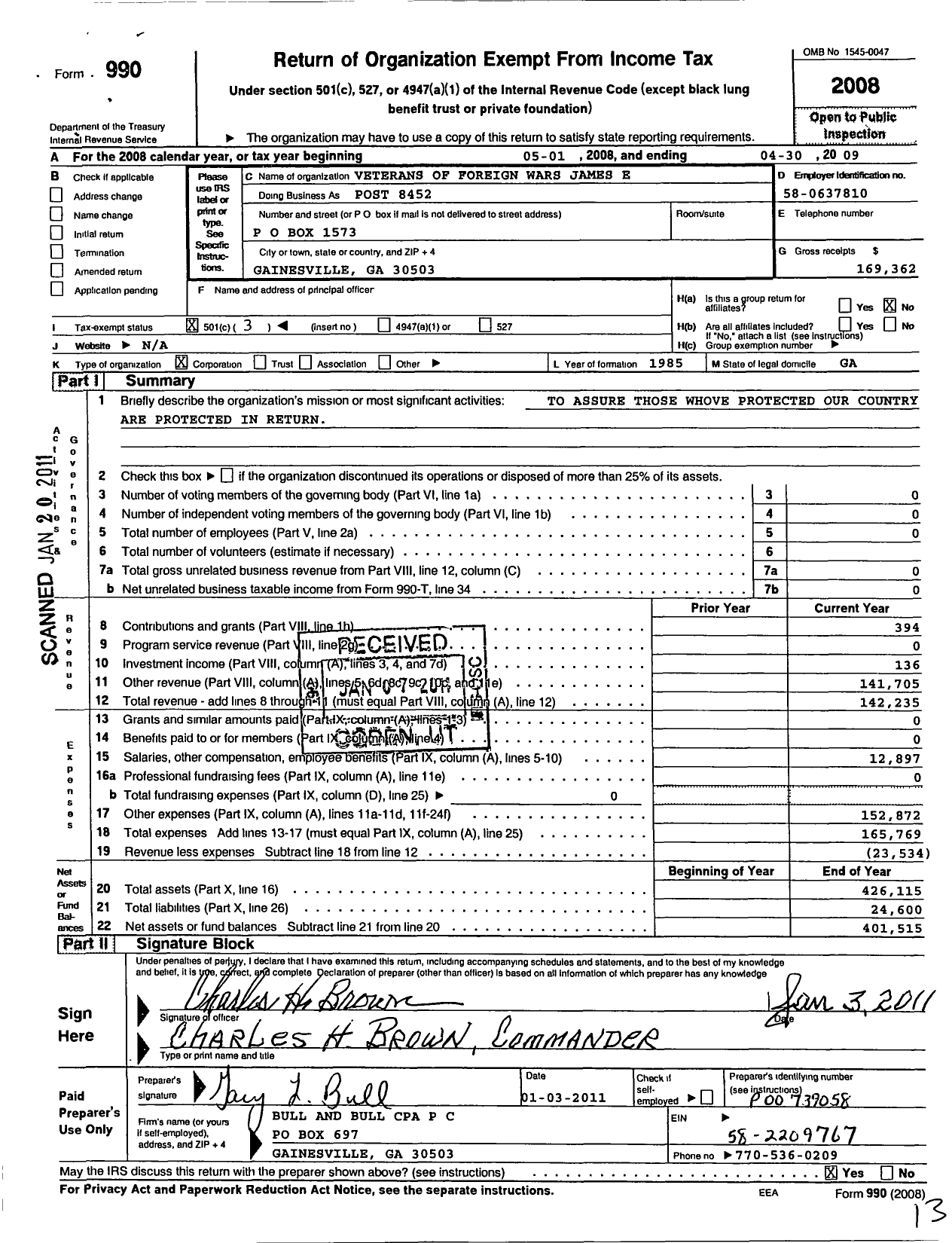 Image of first page of 2008 Form 990 for Veterans of Foreign Wars of the United States Dept of Georgia - 8452 James E Willis Post