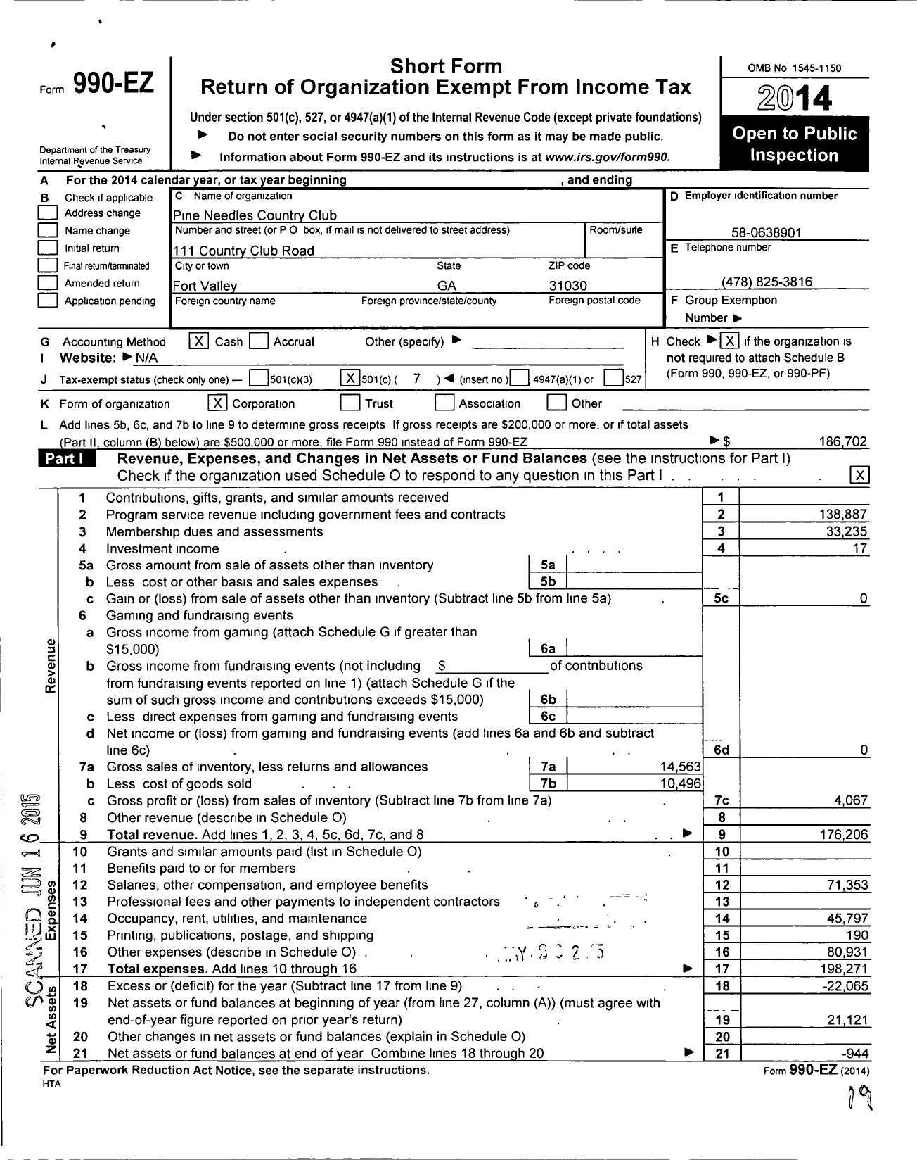 Image of first page of 2014 Form 990EO for Pine Needles Country Club