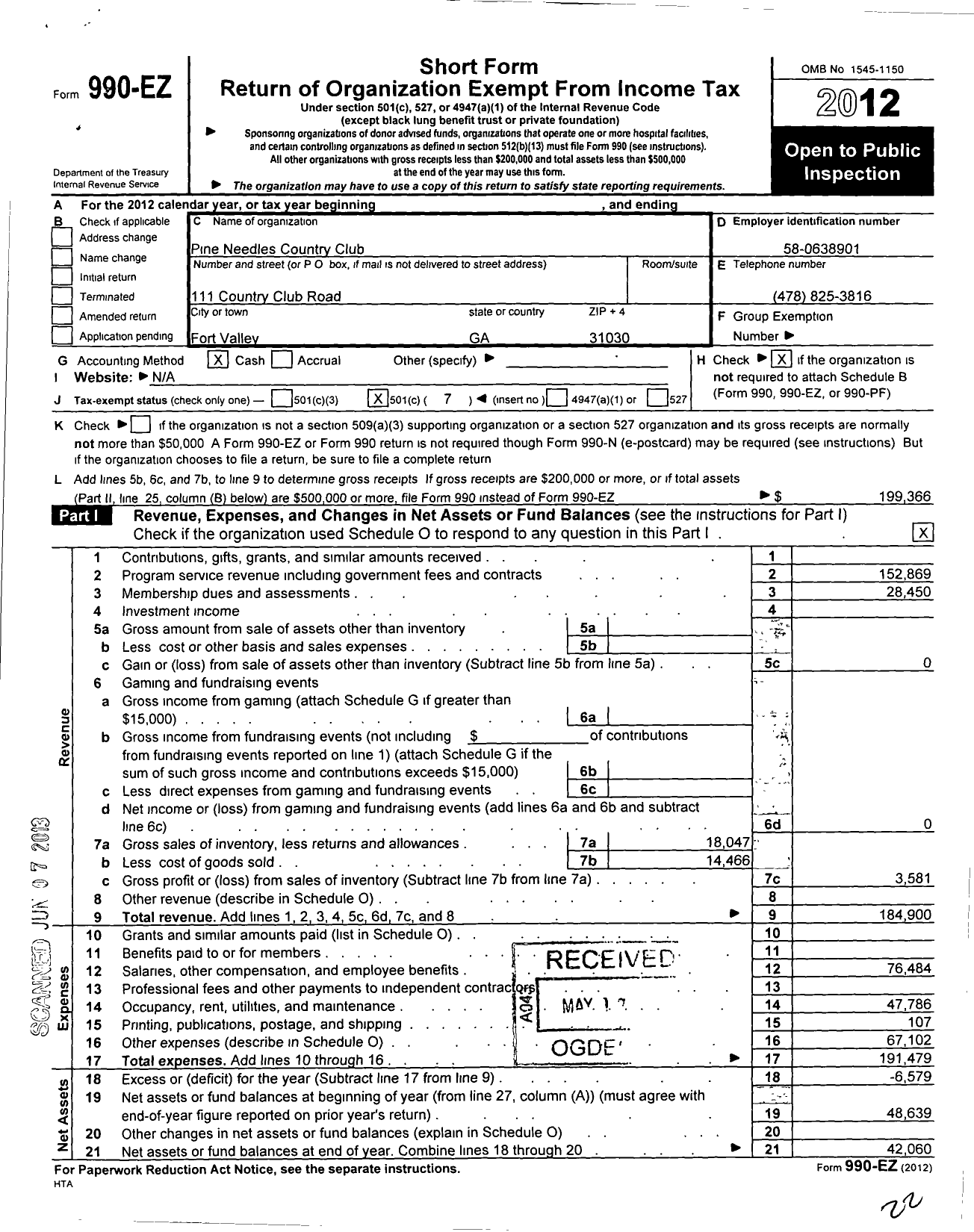 Image of first page of 2012 Form 990EO for Pine Needles Country Club