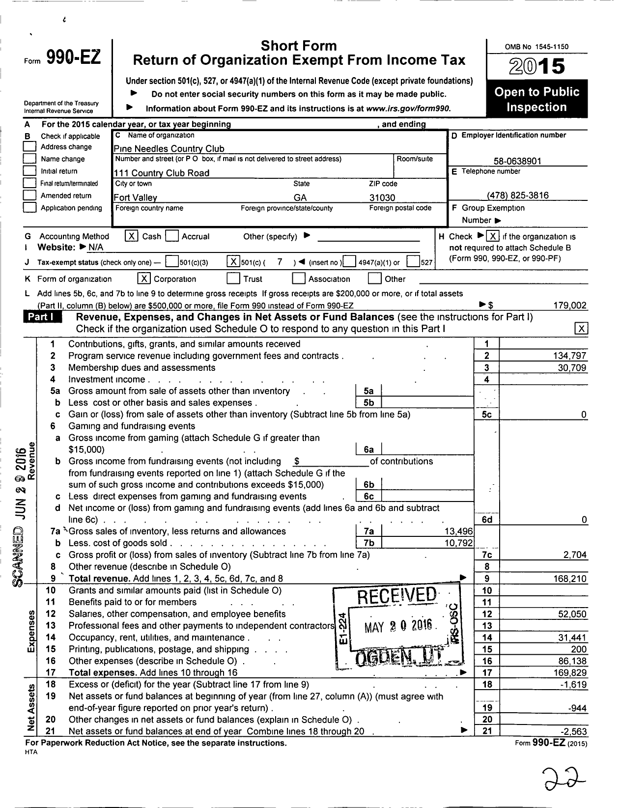 Image of first page of 2015 Form 990EO for Pine Needles Country Club