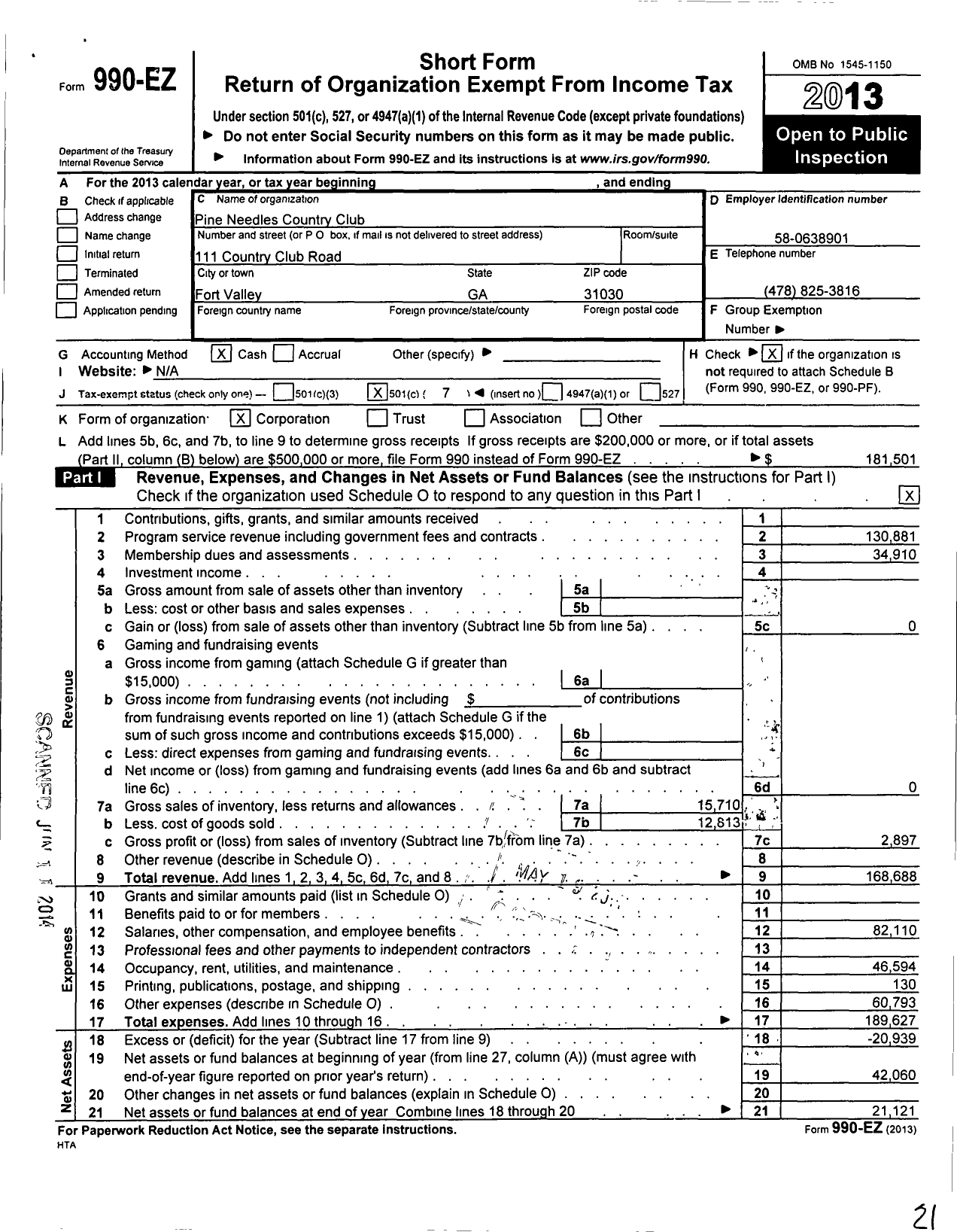 Image of first page of 2013 Form 990EO for Pine Needles Country Club