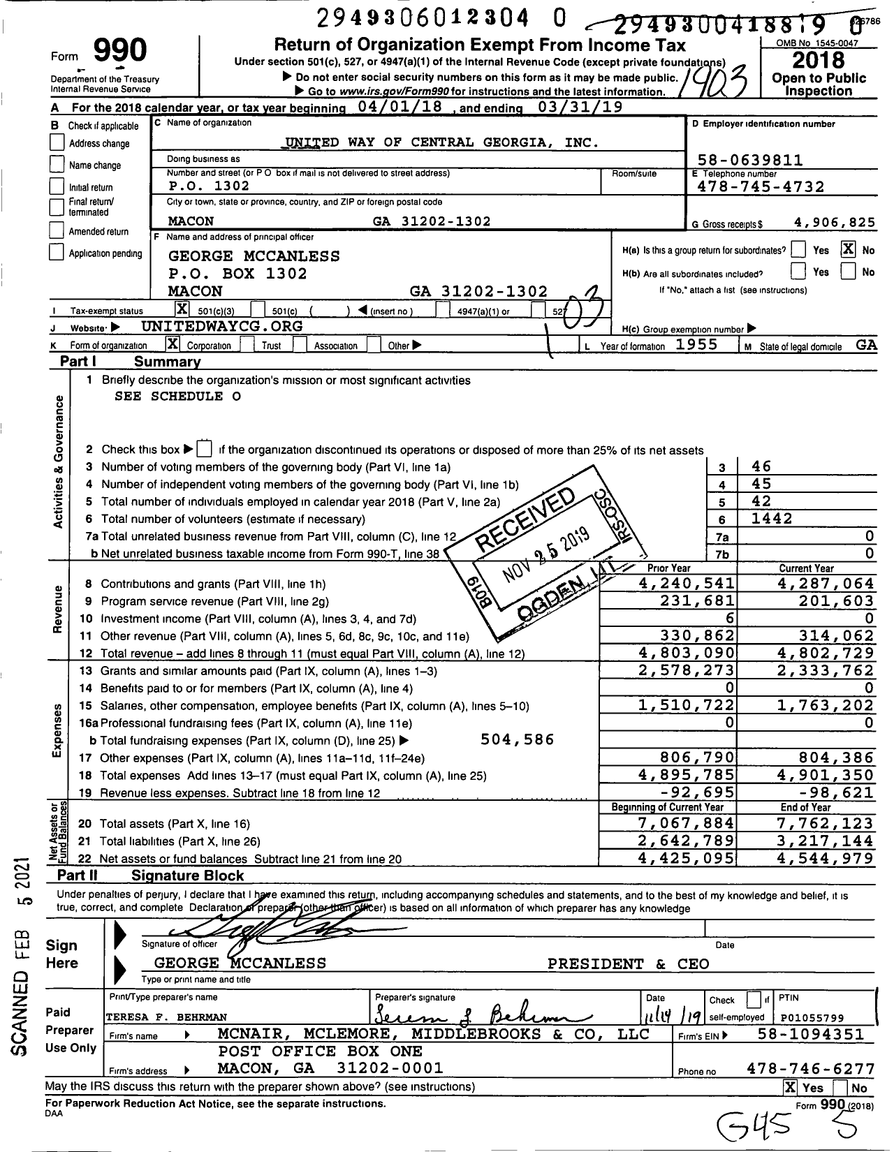 Image of first page of 2018 Form 990 for United Way of Central Georgia