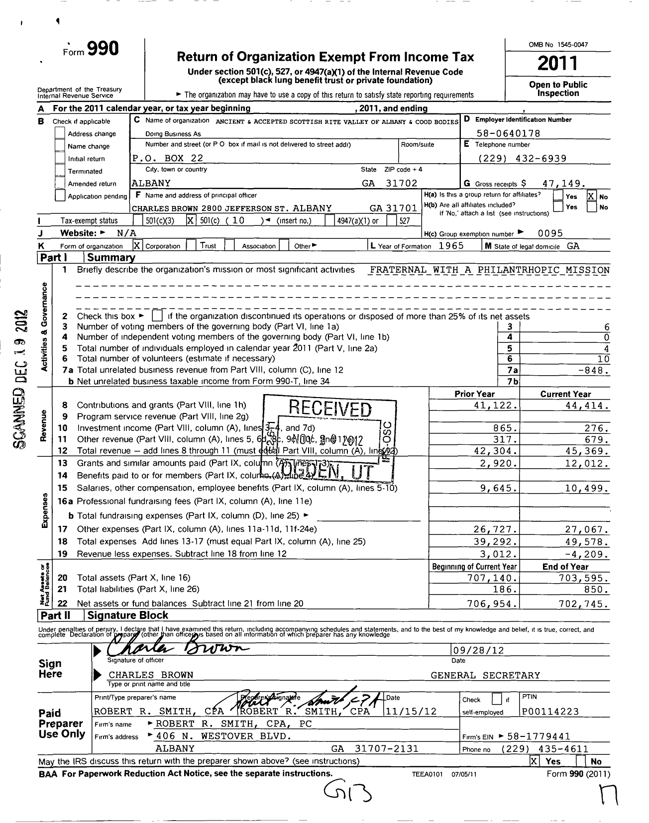 Image of first page of 2011 Form 990O for Scottish Rite of Freemasonry Southern Jurisdiction - Scottish Rite of South West Ga