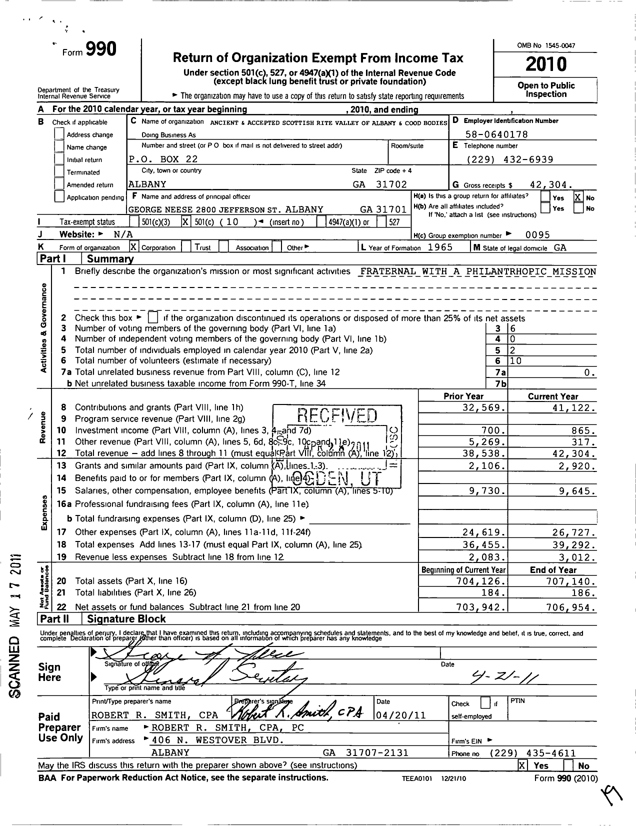 Image of first page of 2010 Form 990O for Scottish Rite of Freemasonry Southern Jurisdiction - Scottish Rite of South West Ga