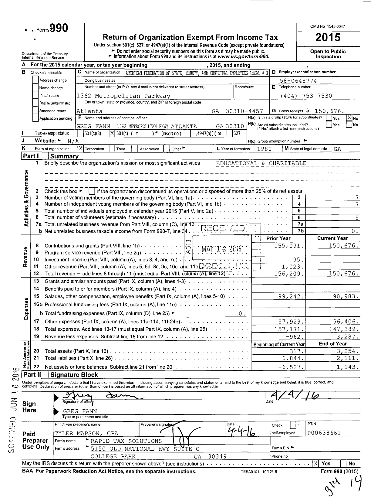 Image of first page of 2015 Form 990O for American Federation of State County & Municipal Employees - L0003ga Fulton County Emp