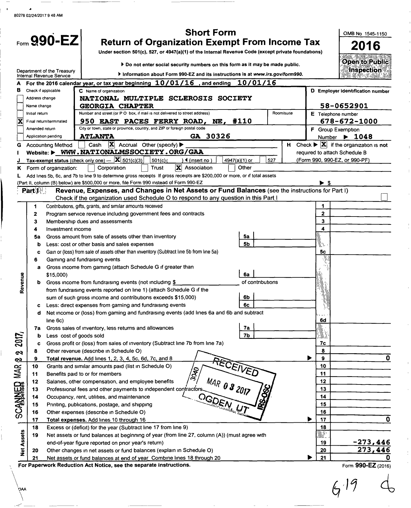 Image of first page of 2015 Form 990EZ for National Multiple Sclerosis Society Georgia Chapter