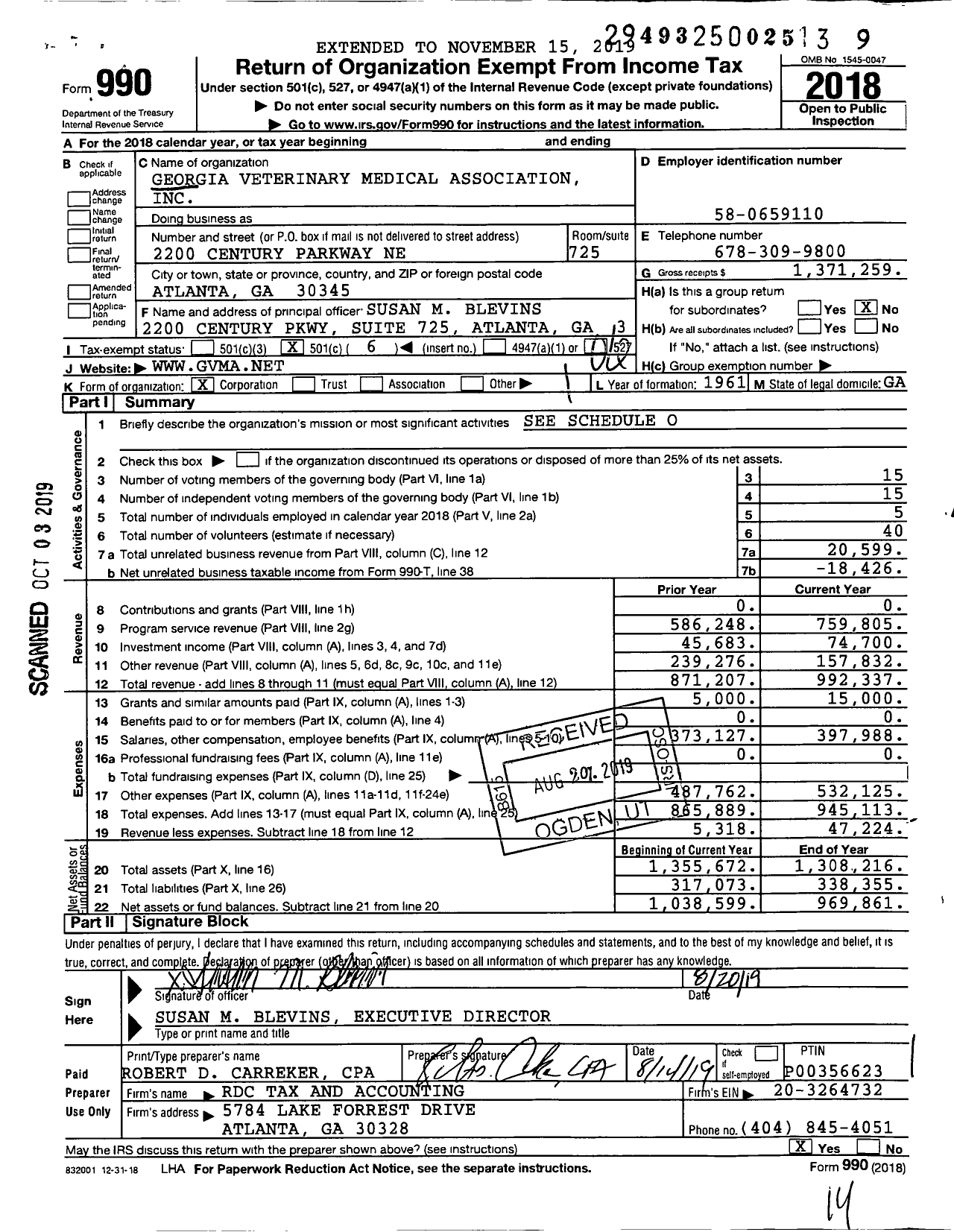 Image of first page of 2018 Form 990O for Georgia Veterinary Medical Association