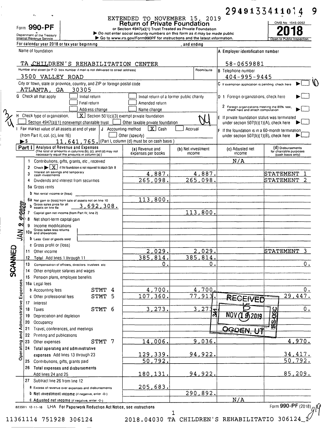 Image of first page of 2018 Form 990PF for Ta Children's Rehabilitation Center