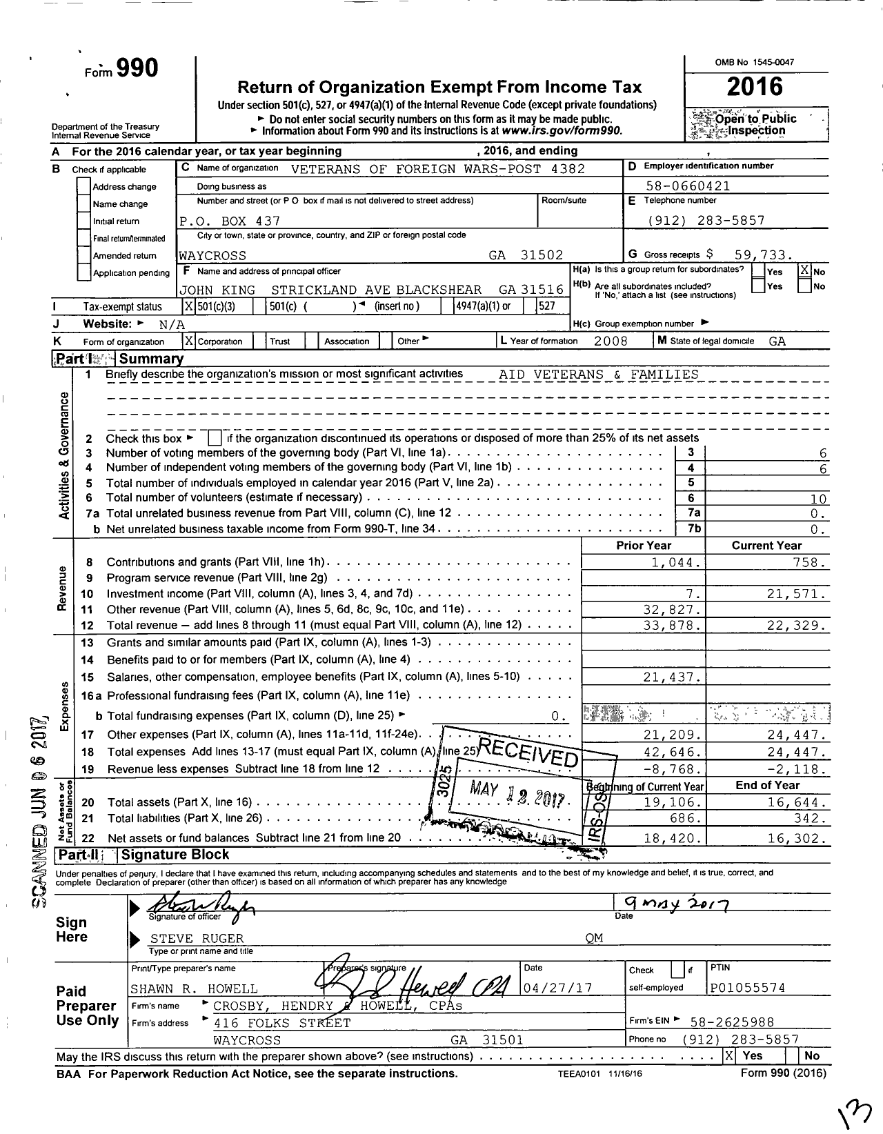 Image of first page of 2016 Form 990 for Veterans of Foreign Wars of the United States Dept of Georgia - 4382 VFW Ga