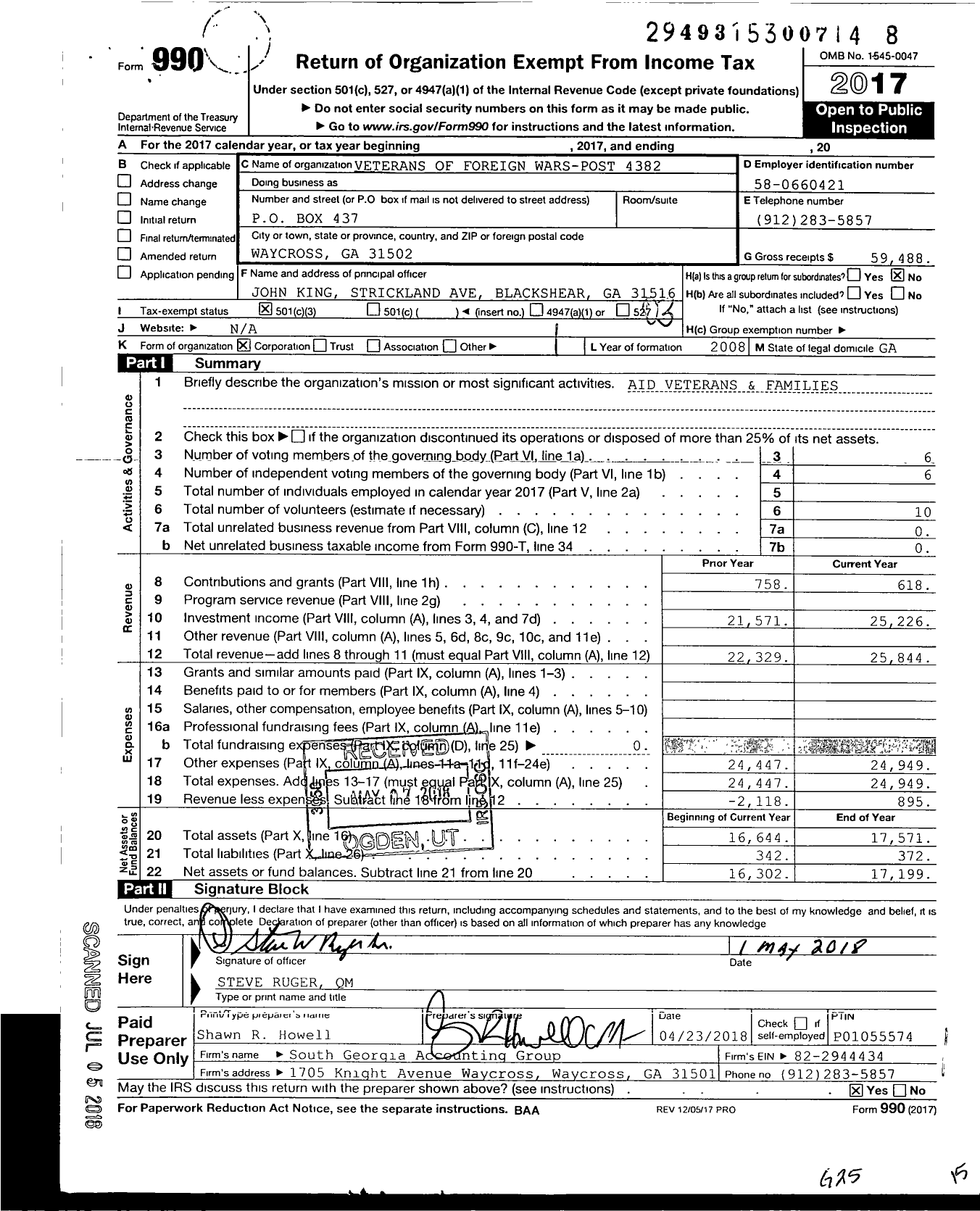 Image of first page of 2017 Form 990 for Veterans of Foreign Wars of the United States Dept of Georgia - 4382 VFW Ga