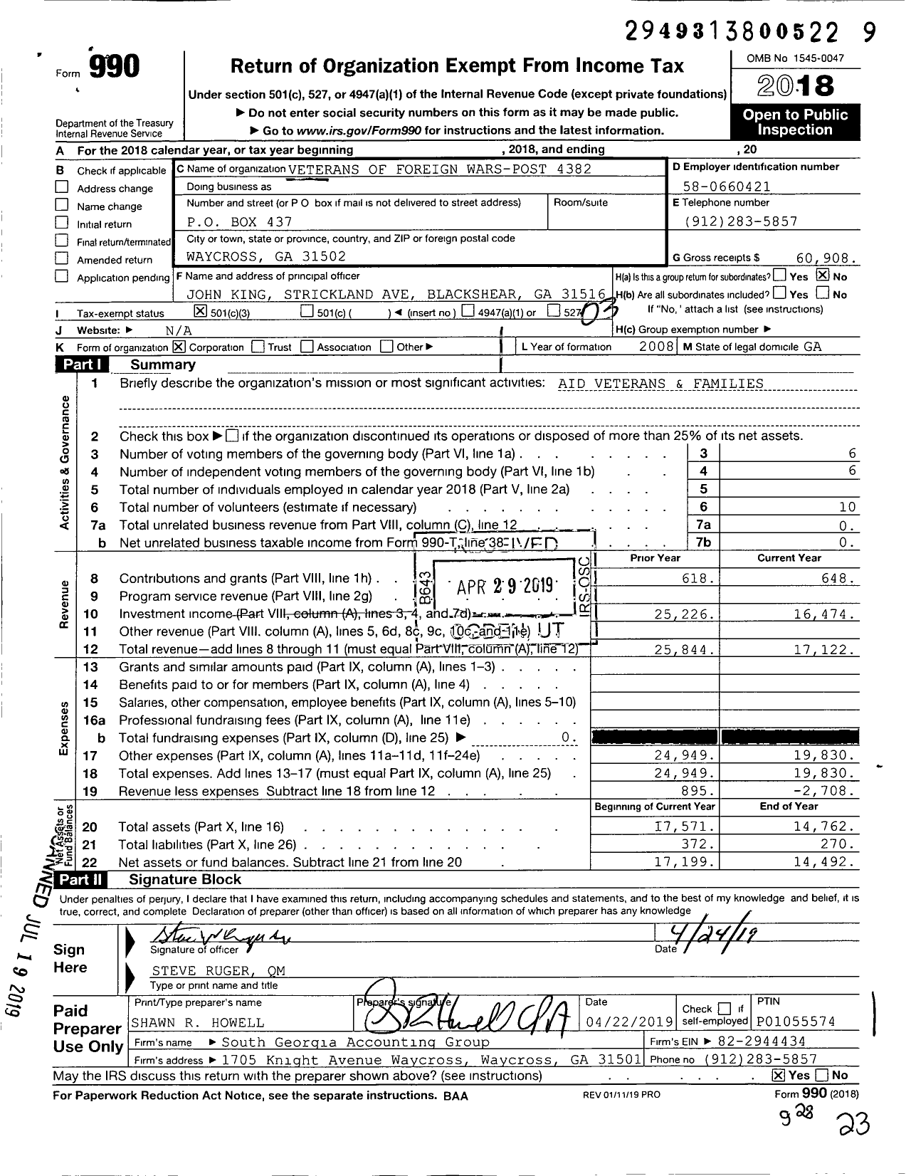 Image of first page of 2018 Form 990 for Veterans of Foreign Wars of the United States Dept of Georgia - 4382 VFW Ga