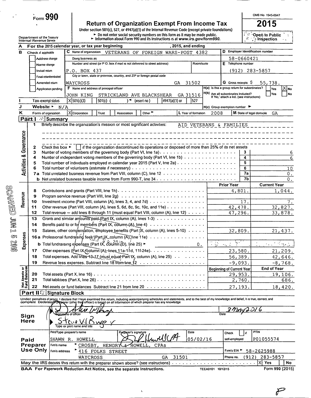 Image of first page of 2015 Form 990 for Veterans of Foreign Wars of the United States Dept of Georgia - 4382 VFW Ga