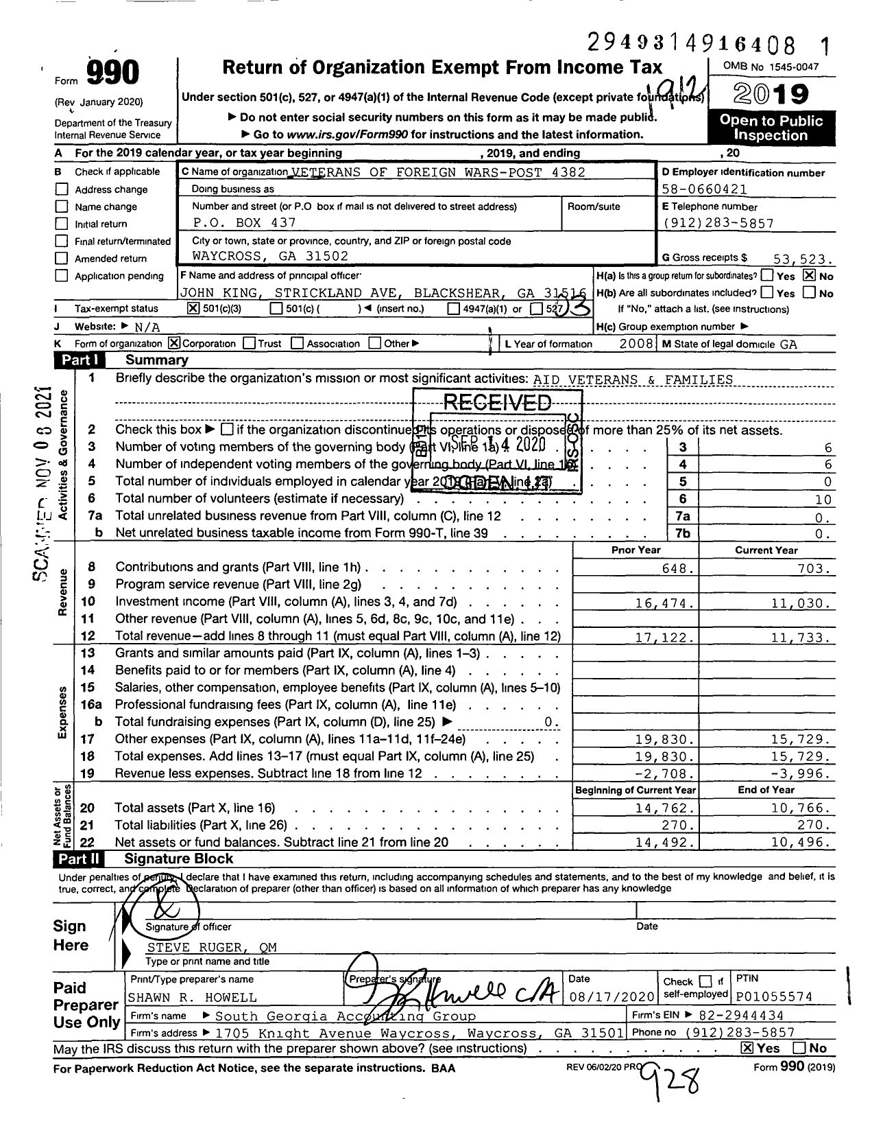 Image of first page of 2019 Form 990 for Veterans of Foreign Wars of the United States Dept of Georgia - 4382 VFW Ga