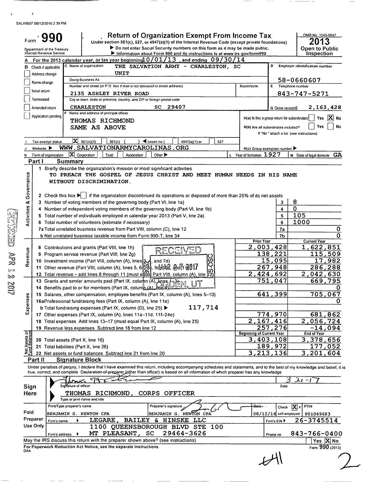 Image of first page of 2013 Form 990 for The Salvation Army / Territorial Headquarters