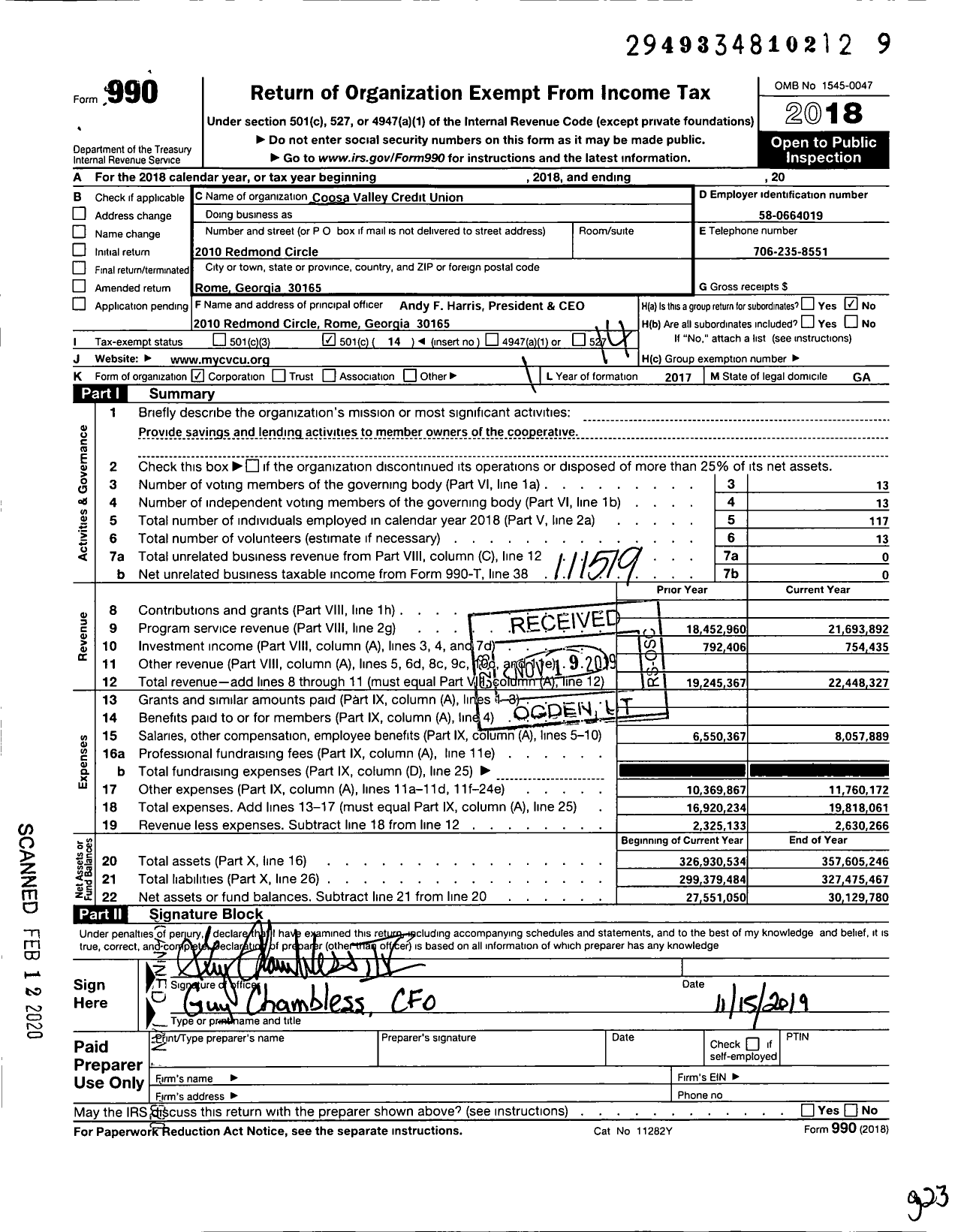 Image of first page of 2018 Form 990O for Coosa Valley Credit Union