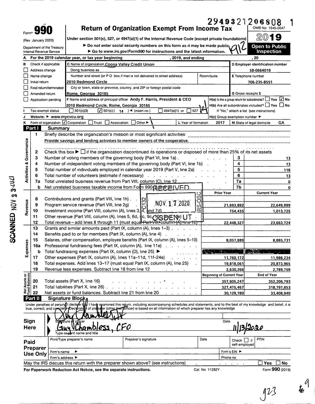 Image of first page of 2019 Form 990O for Coosa Valley Credit Union