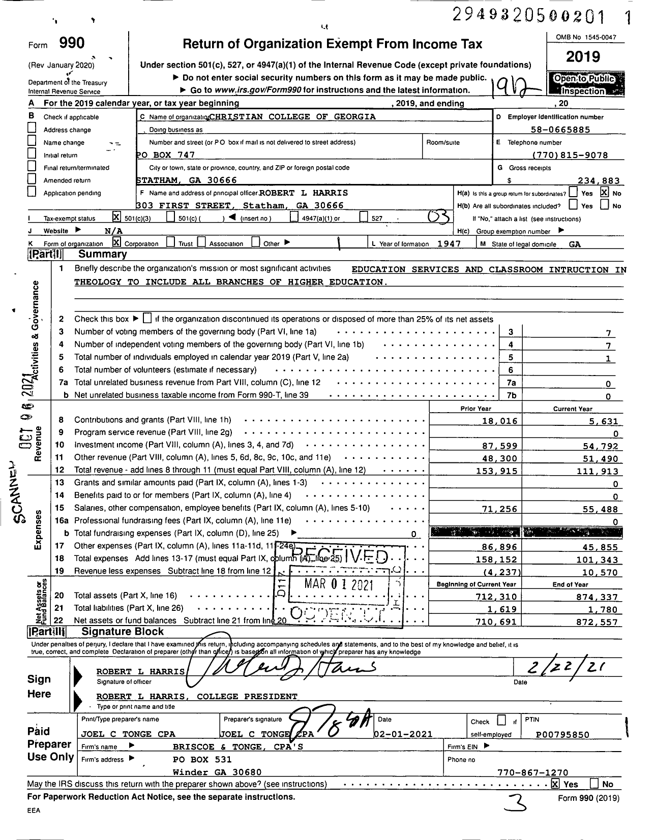 Image of first page of 2019 Form 990 for Christian College of Georgia